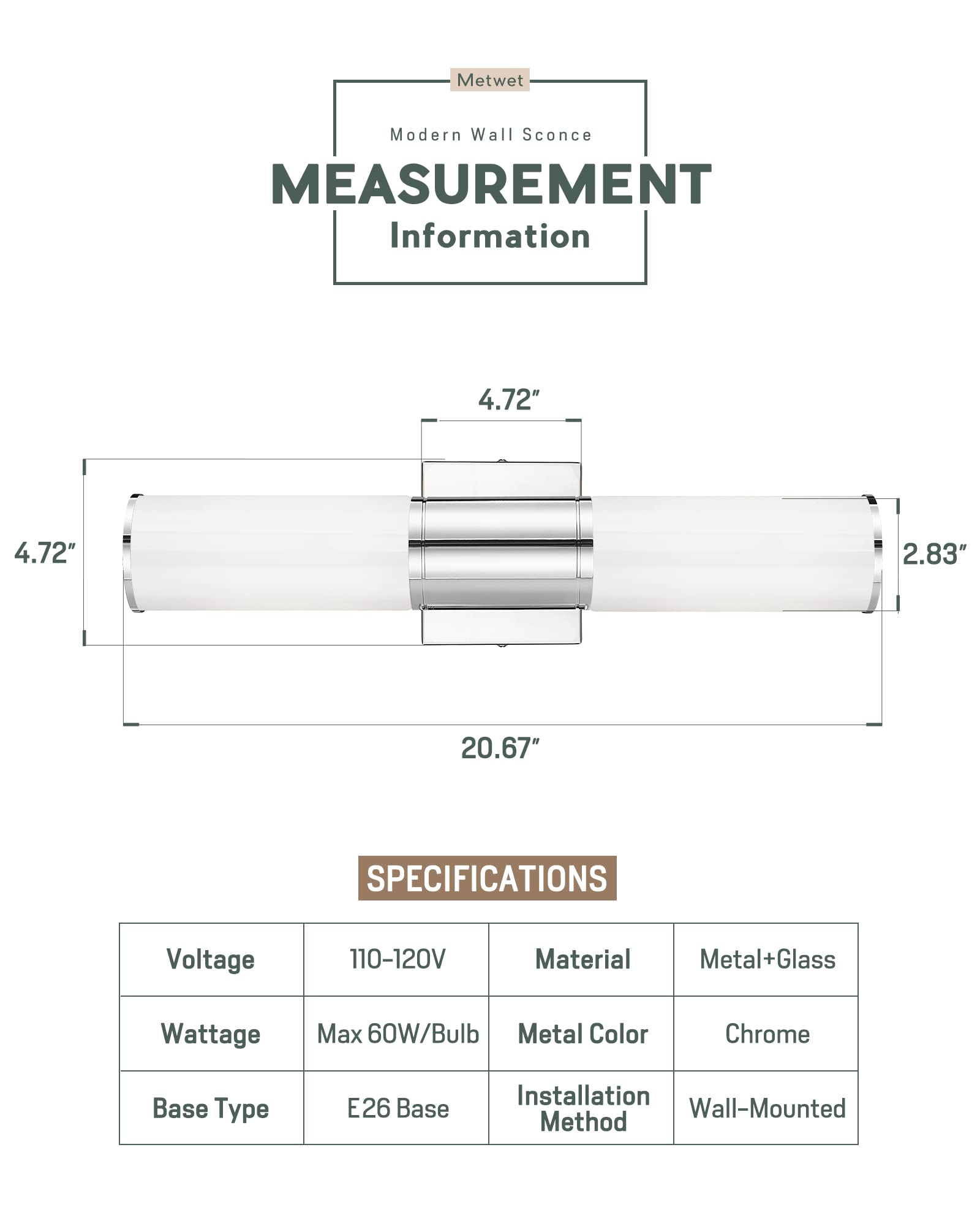 METWET Bathroom Vanity Light Fixture, Chrome Wall Sconce with Milk Glass, Modern Up/Down Mount Lamp for Bathroom, Bedroom, Kitchen, VL834-CH-ML