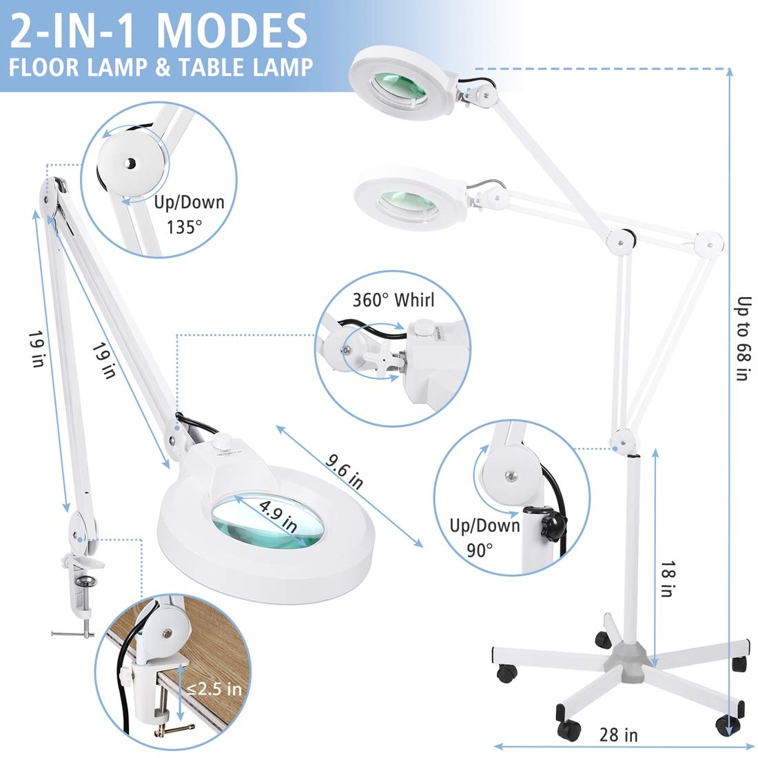 Lancosc 5X Magnifying Floor Lamp With 1,500 Lumens Led Light & Rolling Base For Estheticians