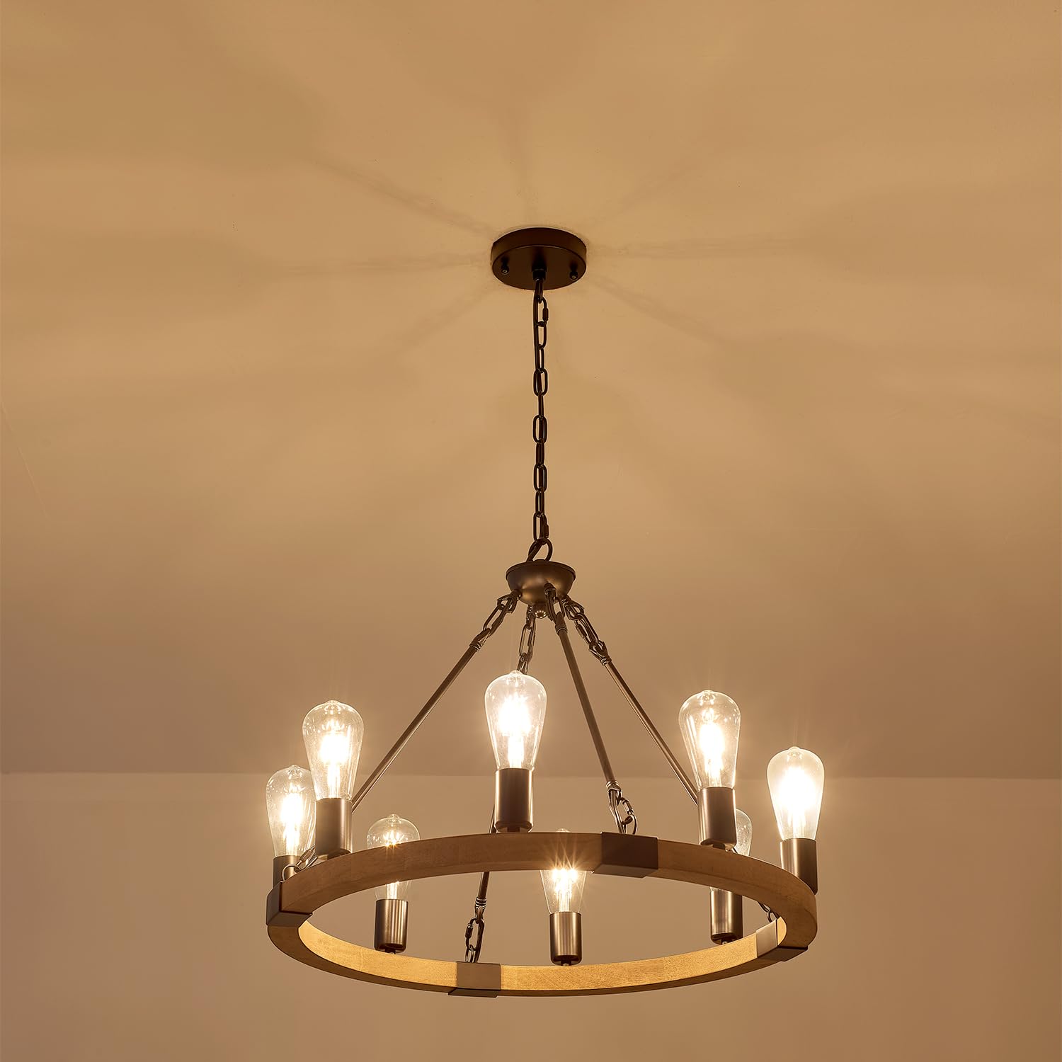 brfaixla 8-Light Wooden Wagon Wheel Chandelier, 23.6'' Natural Farmhouse Pendant Light, Black Metal, Model MD2213-8B