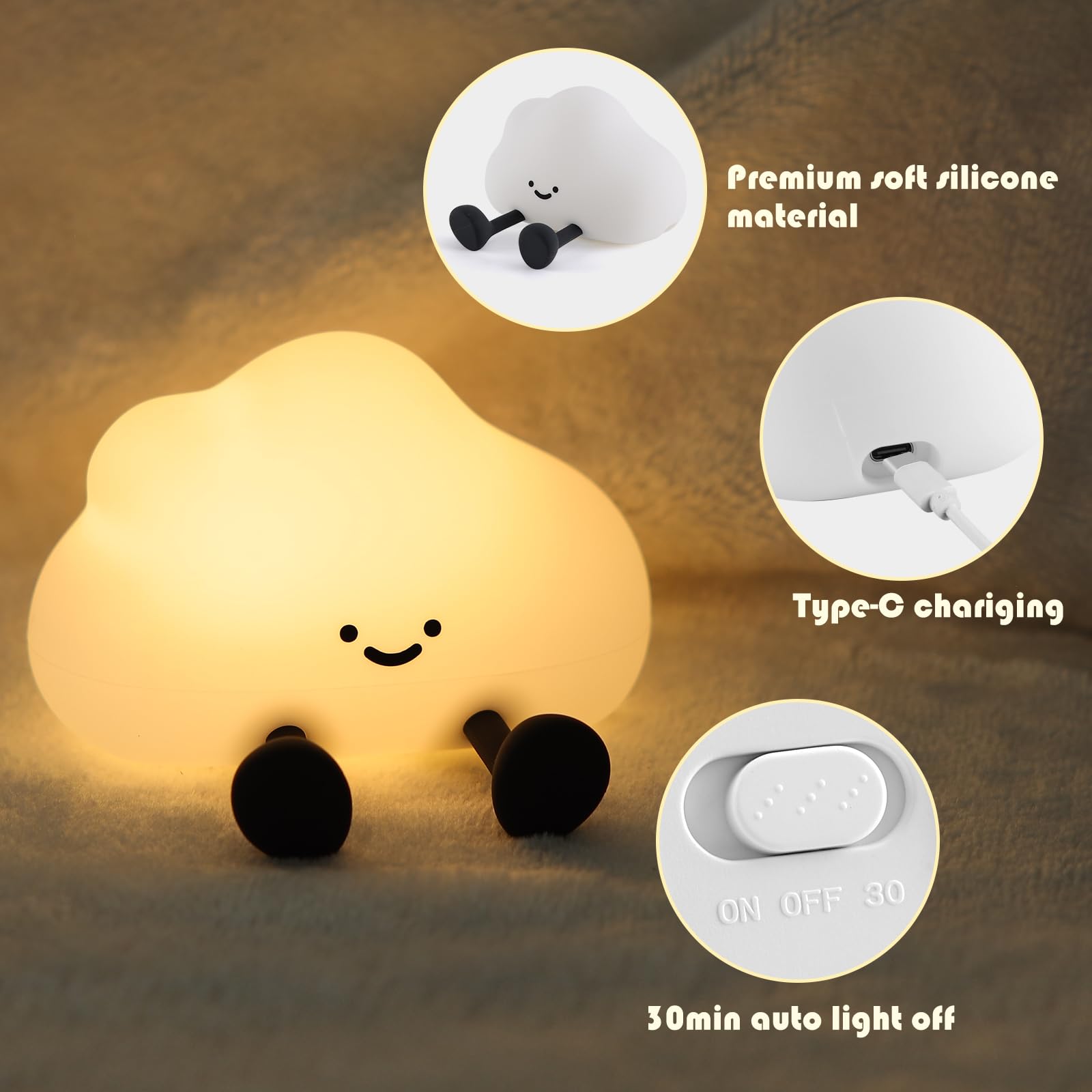 YISUN Cloud Night Light, Rechargeable LED Nursery Lamp, 3 Level Dimmable, Model A023, Cute Silicone for Kids Room Decor