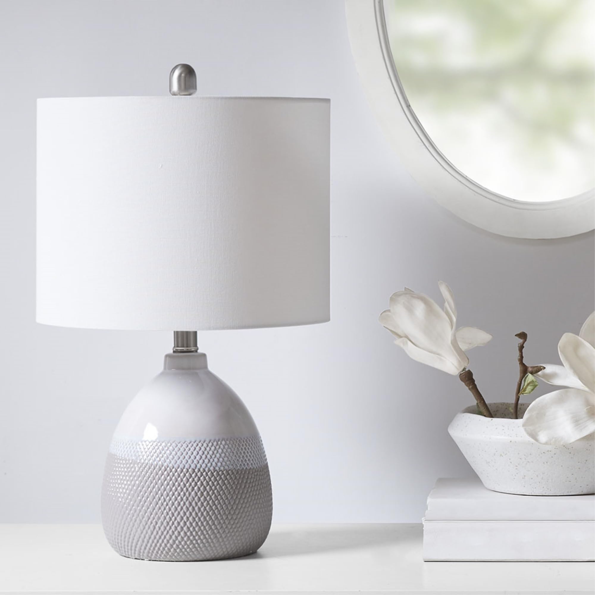Ergode Ceramic Textured Table Lamp - Ivory/Grey Gradient Finish, Elegant Drum-Shaped White Shade, Versatile And Adaptable, Type A Light Bulb Included