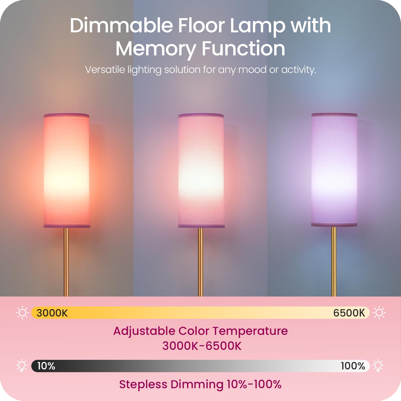 Dimmable Pink Floor Lamp For Living Room With Remote And Foot Switch, Corner Floor Lamp, 66'' Standing Tall Lamp, 10W 900Lm Bulb