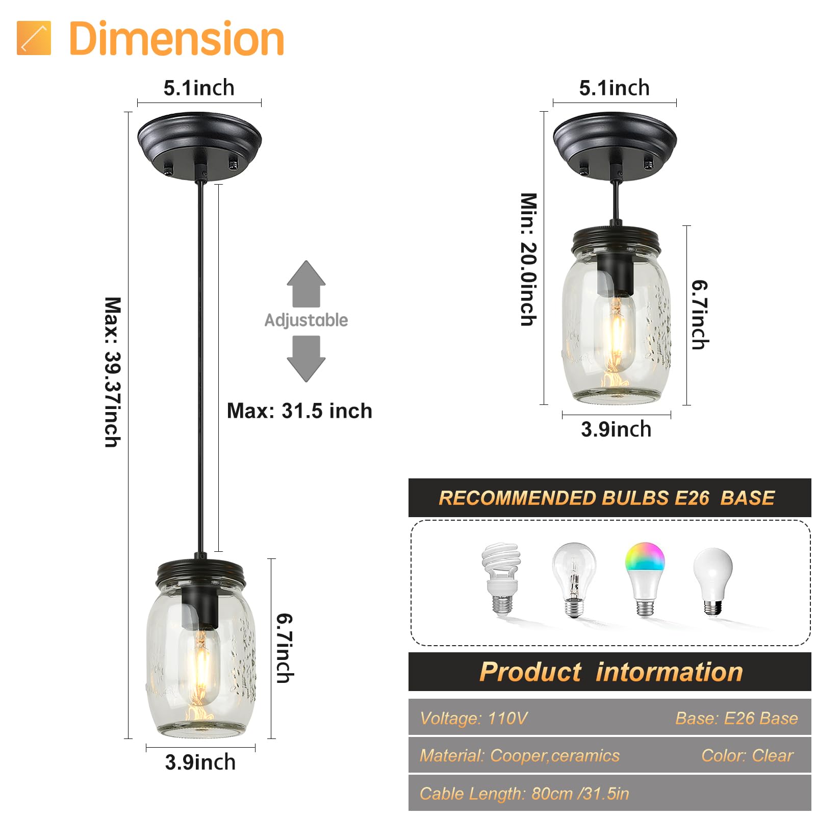TinHon Mason Jar Pendant Light, 1-Light Black Ceiling Fixture, Adjustable Height, Clear Glass for Kitchen Island, Dining Room