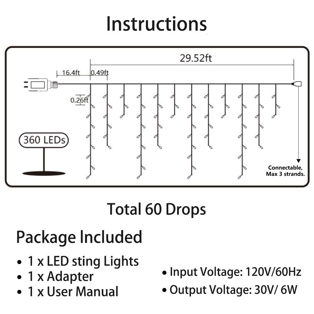 Toodour Christmas Icicle Lights, 360 LED, 29.5ft, 8 Modes, Multicolor, Model JT-EL/FC300V0200