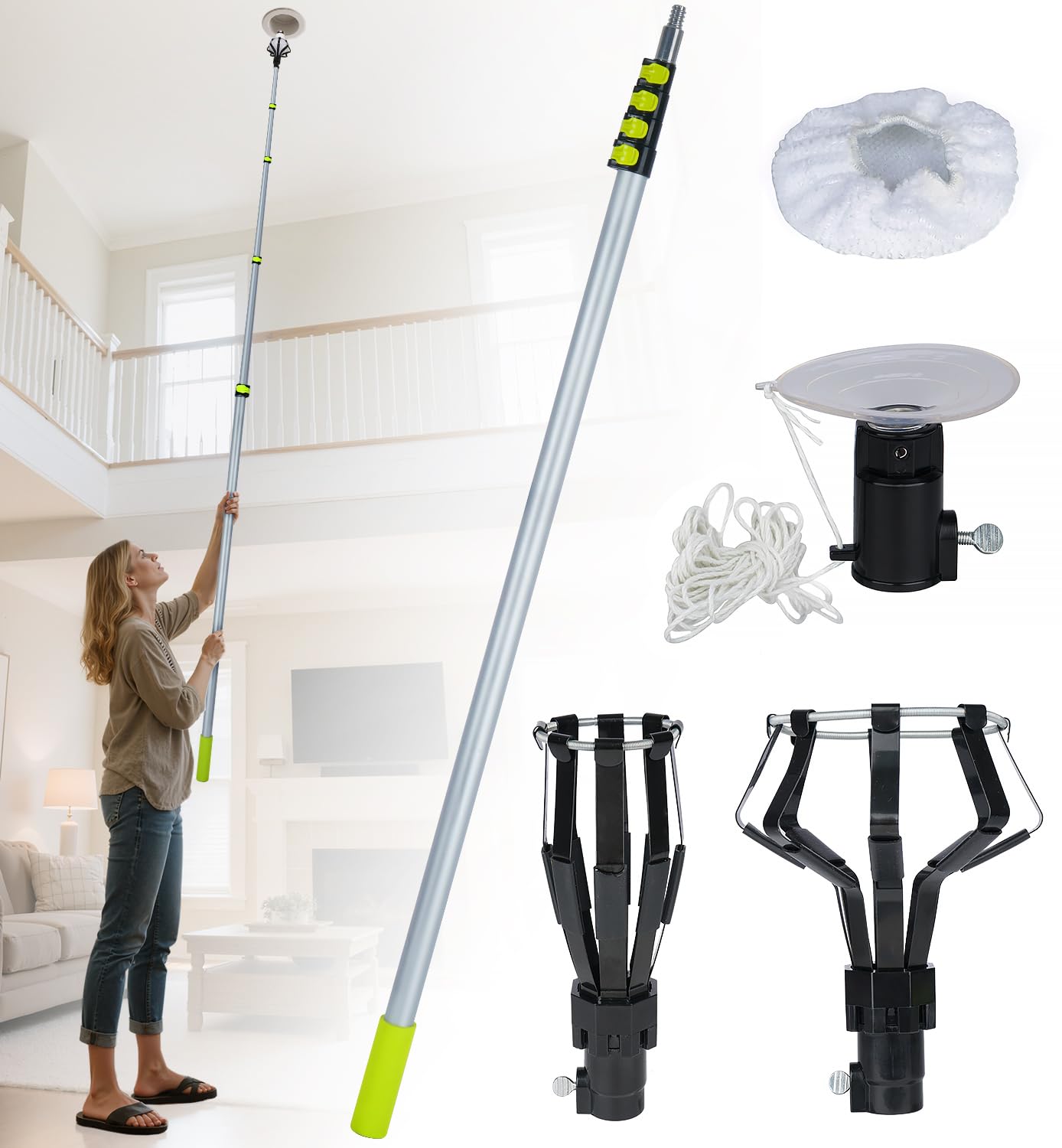 Lupar Light Bulb Changer Pole Kit 3 FT to 20 FT Telescoping Extension Pole with 2 Baskets and Suction Cup Lightbulb Changing for High Ceilings and Recessed Lights Removal Tool