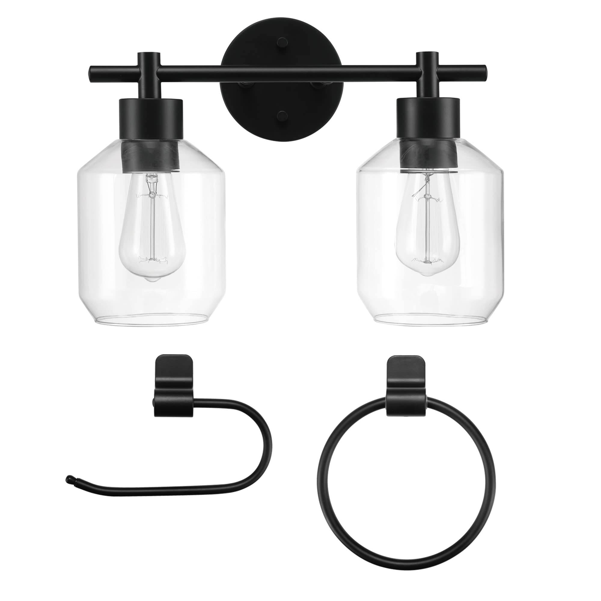 Globe Electric 51850 Cannes 3-Piece Powder Room Set, Matte Black, 2-Light Vanity Light With Clear Glass Shades, Toilet Paper Hol