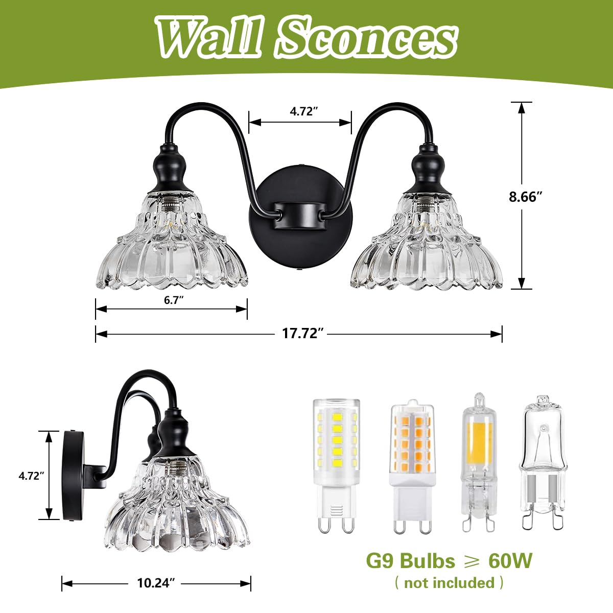 Tlolgt 2-Light Modern Wall Sconce Black Wall Light Fixtures Made Of Metal Body And Pressed Patterned Glass With Unique Design Vanity Light For Bedroom, Bathroom, Doorway, Farmhouse