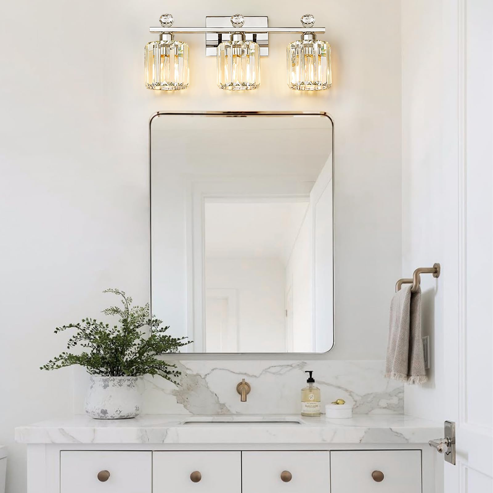 Kunruitai Crystal Bathroom Lighting Fixtures Over Mirror, 3 Light Chrome Brushed Nickel Vanity Light, Modern Bath Wall Sconce Li