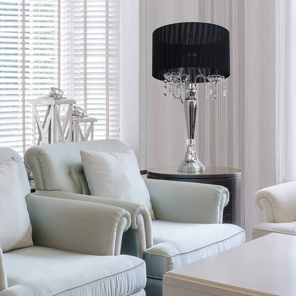 Elegant Designs Lt1034-Blk Trendy Romantic Sheer Shade Hanging Crystals Table Lamp, Black
