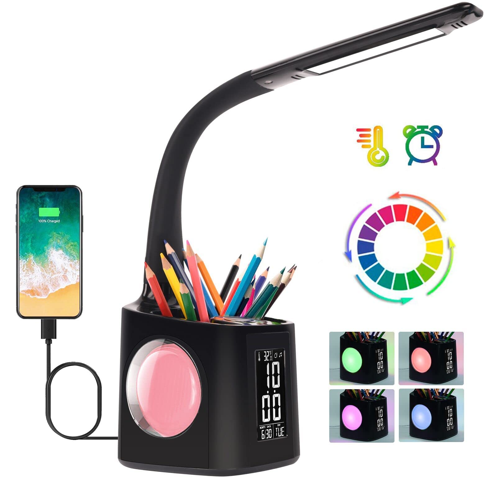 wanjiaone LED Desk Lamp with Clock, USB Charger, Pen Holder, Model T188, Black
