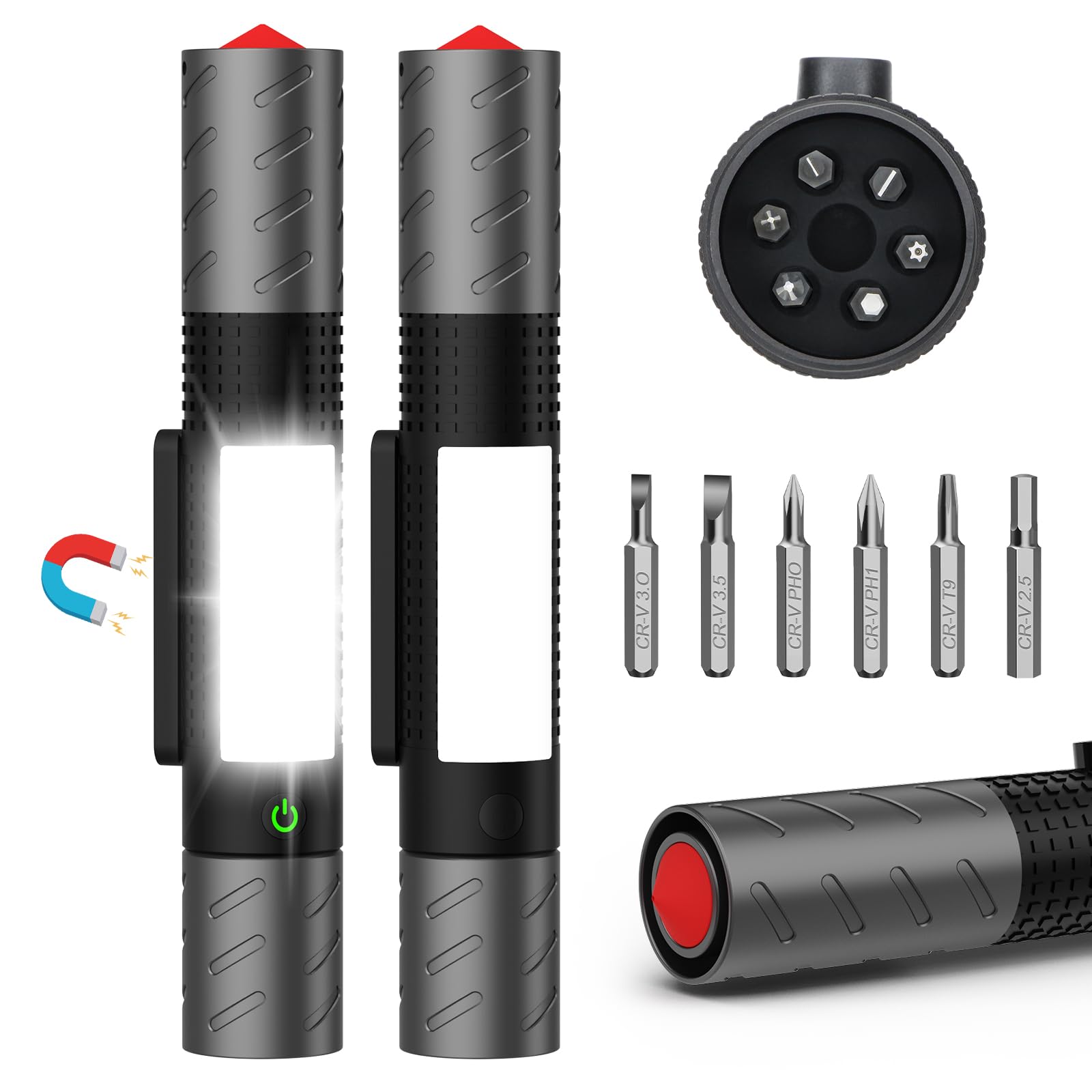 Rechargeable Flashlight High Lumens 2Packs-Super Bright Magnetic LED Flashlights with Screwdriver Set,Window Glass Breaker,COB F
