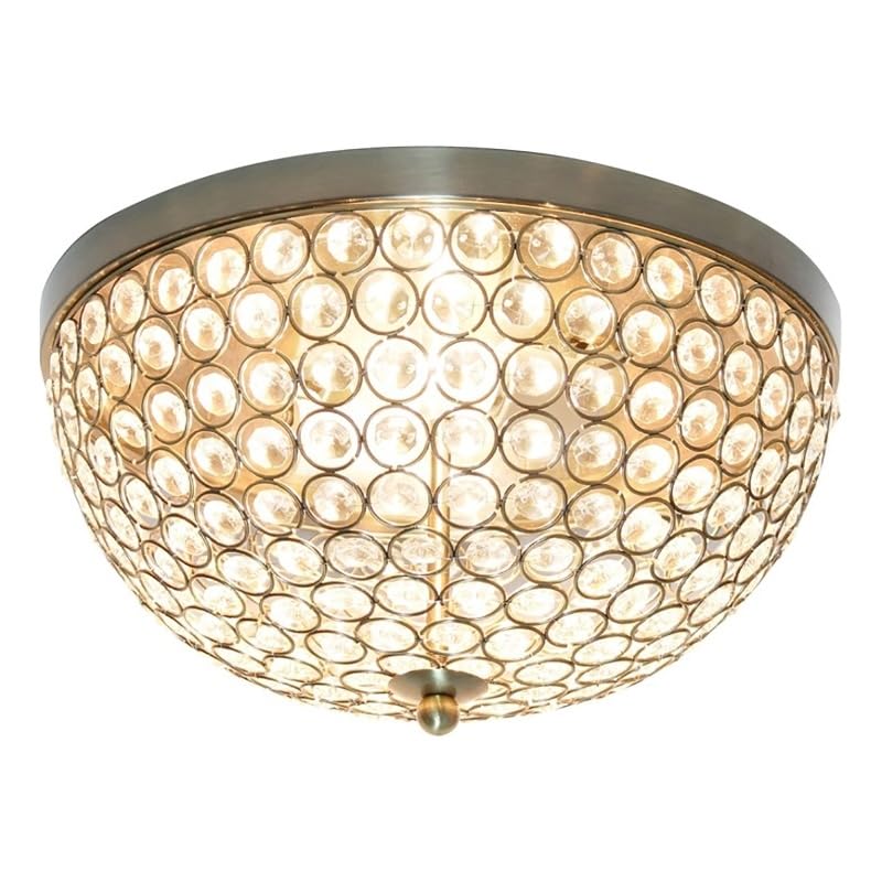 All The Rages 2-Light Dome Flush Mount Ceiling Fixture, Crystal, Antique Brass, Model LHM-2000-AB