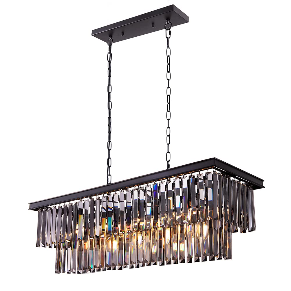 Wellmet Black Crystal Chandelier, 9-Light Modern Farmhouse Chandeliers Dining Room Lighting Fixture, Adjustable Retangle Hanging