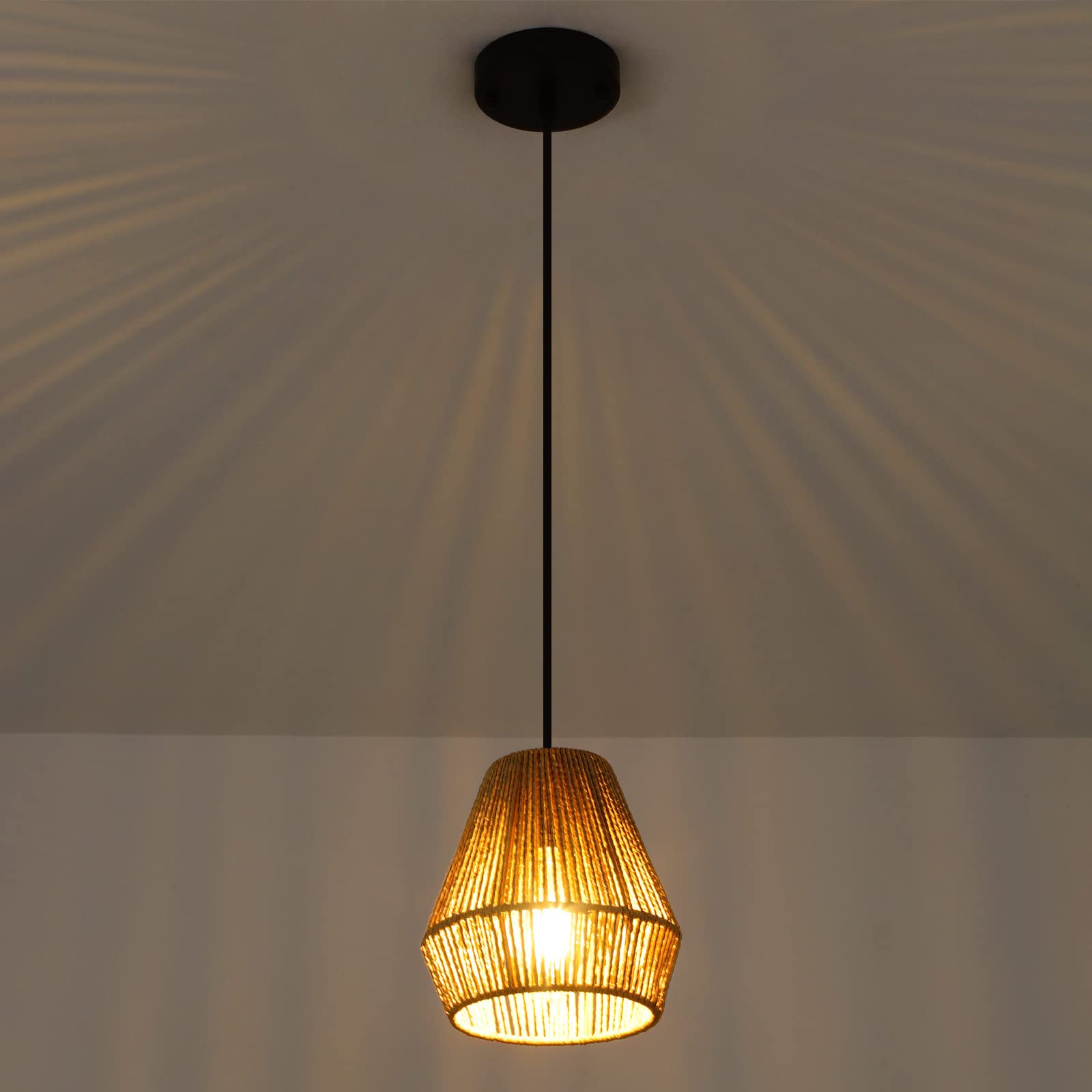 Pindodo Woven Pendant Light,7" Boho Hanging Lamp With Handwoven Rattan Lamp Shade,Coastal Farmhouse Pendant Light Fixtures For Kitchen Island Bedroom Living Room Bar Foyer Hallway,2 Pack