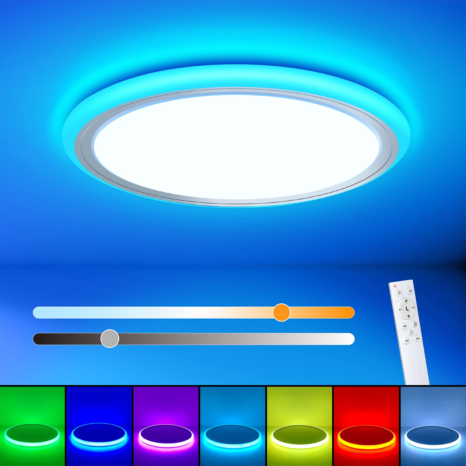 BLNAN RGB LED Flush Mount Ceiling Light, 13 Inch, 24W, Dimmable Color Changing, Model 021-U, Plastic, Modern Design