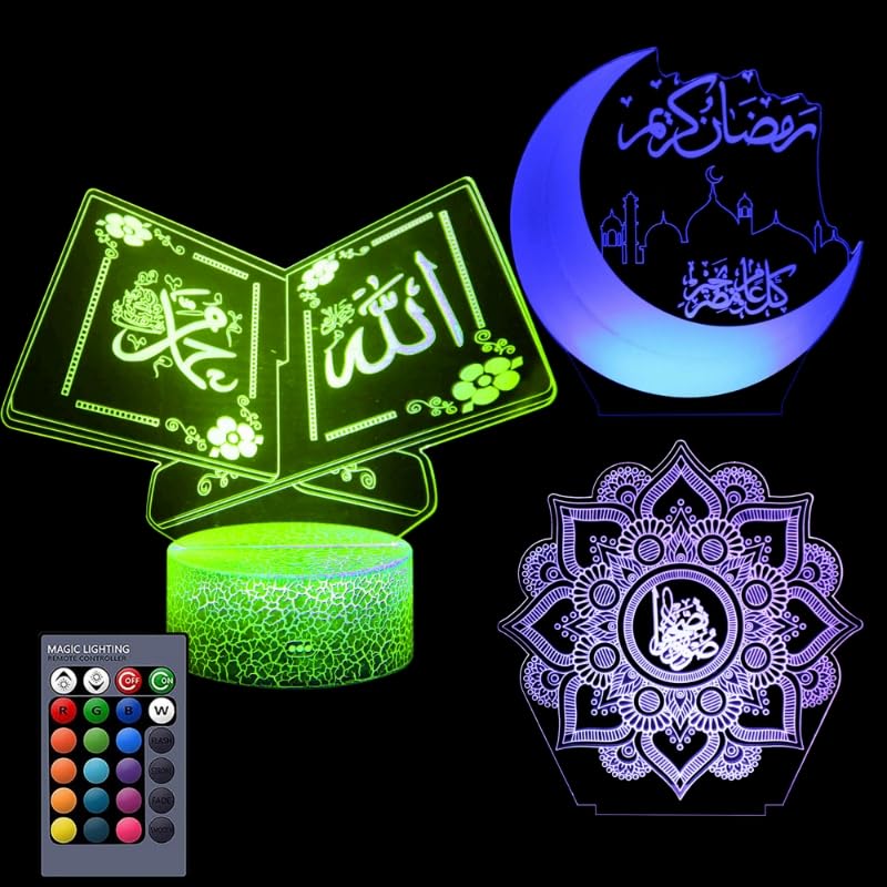 3Pcs Muslims Night Lights - 3D Illusion Lamp Set With Moon Castle, Quran Book, Flower Designs - 16 Changeable Colors With Remote And Touch Control Ramadan Islamic Gifts For Kids Friends Home Deco