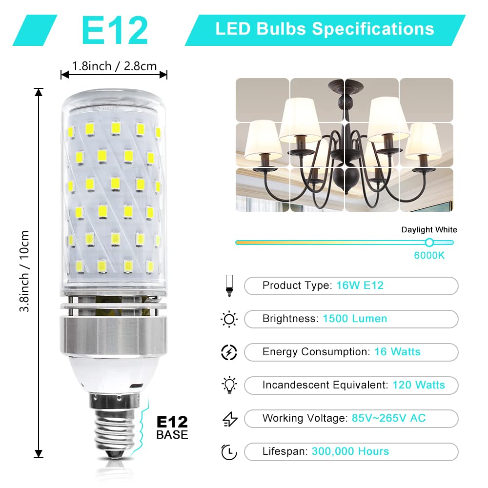 LEDLightsWorld Super Bright E12 LED Bulbs, 16W 1500LM, Daylight White 6000K, Pack of 18, Non-Dimmable, E12 Base