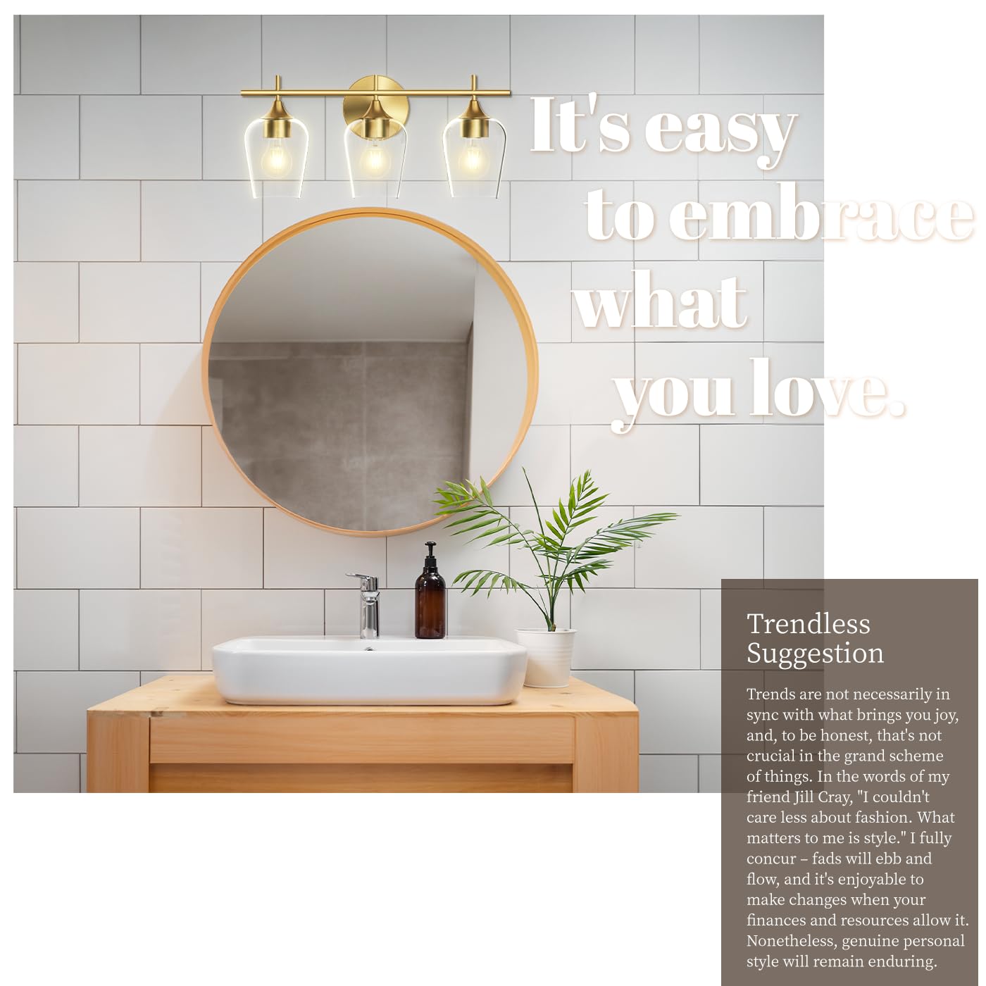 Hamilyeah Bathroom Vanity Light Fixture, 3-Light Glass Shade, Modern Brass Design, Model WLFBR1006, Ideal for Indoor Use