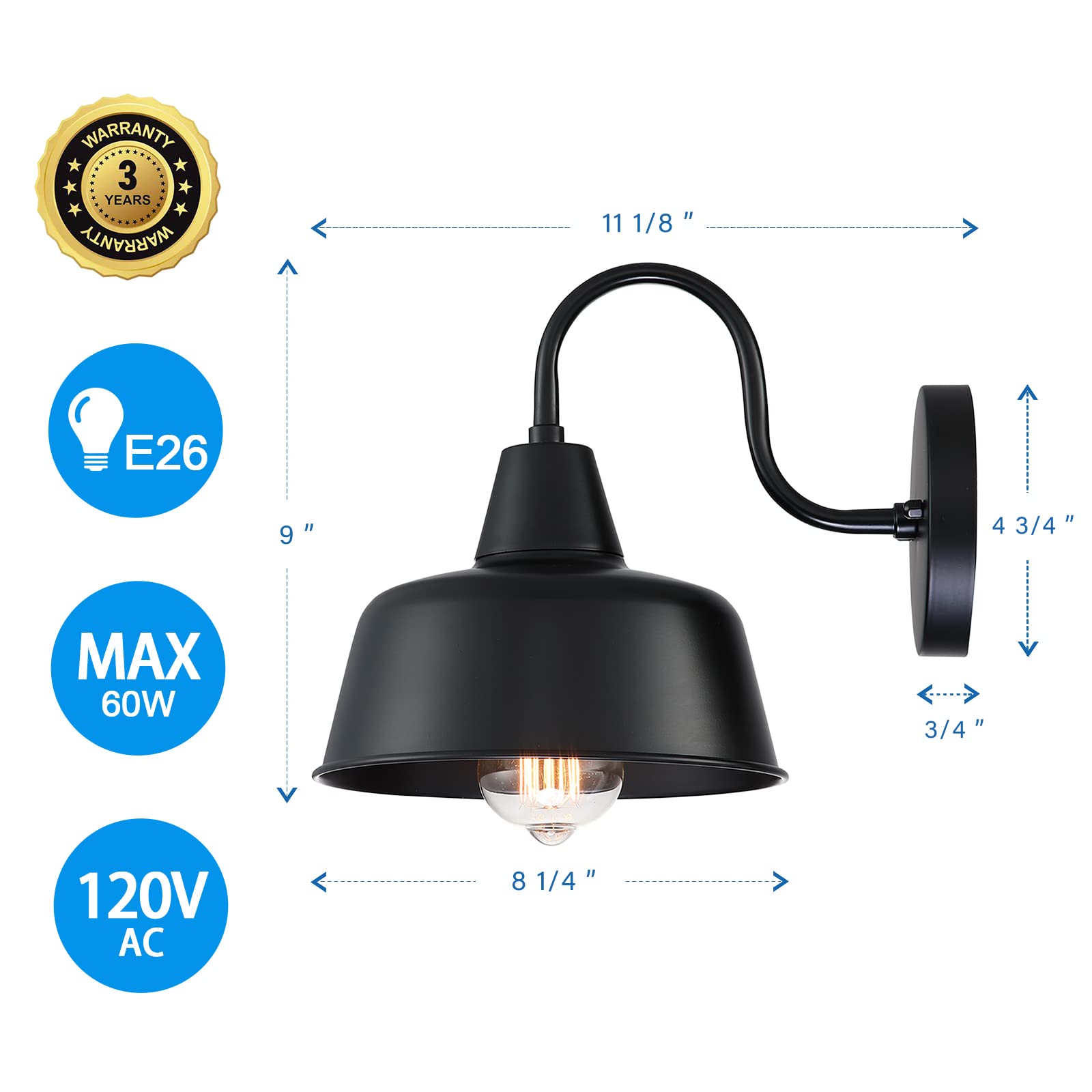 Dociueon Indoor Outdoor Wall Lights, 2 Pack Modern Farmhouse Gooseneck Barn Light, Exterior Lighting Fixture Outside Wall Sconce For Porch, Entryways, Patio,Garage