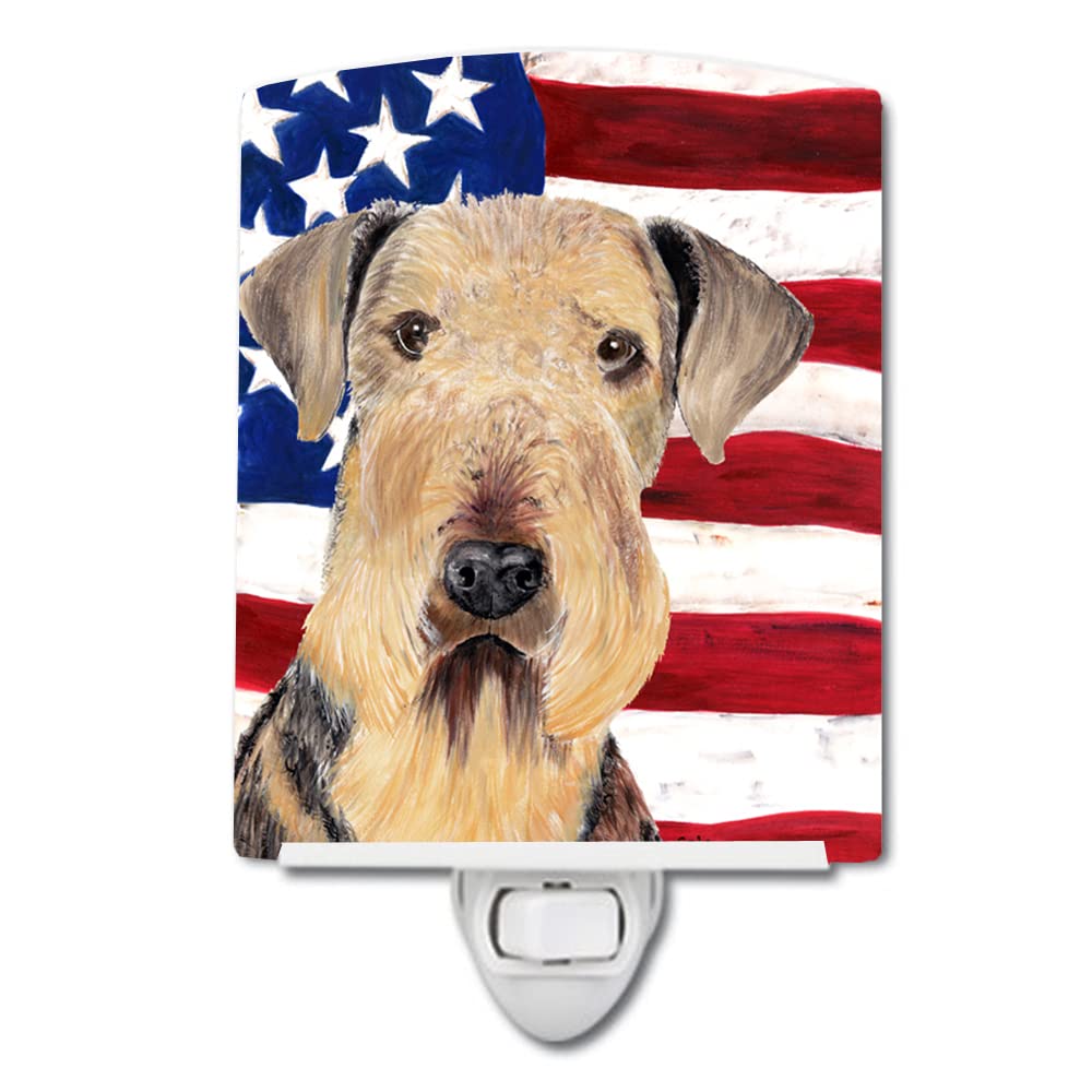 Carolines Treasures Ceramic Night Light, USA American Flag, Airedale, 6x4x3in, Model SC9007CNL, UL-Certified, Multicolor