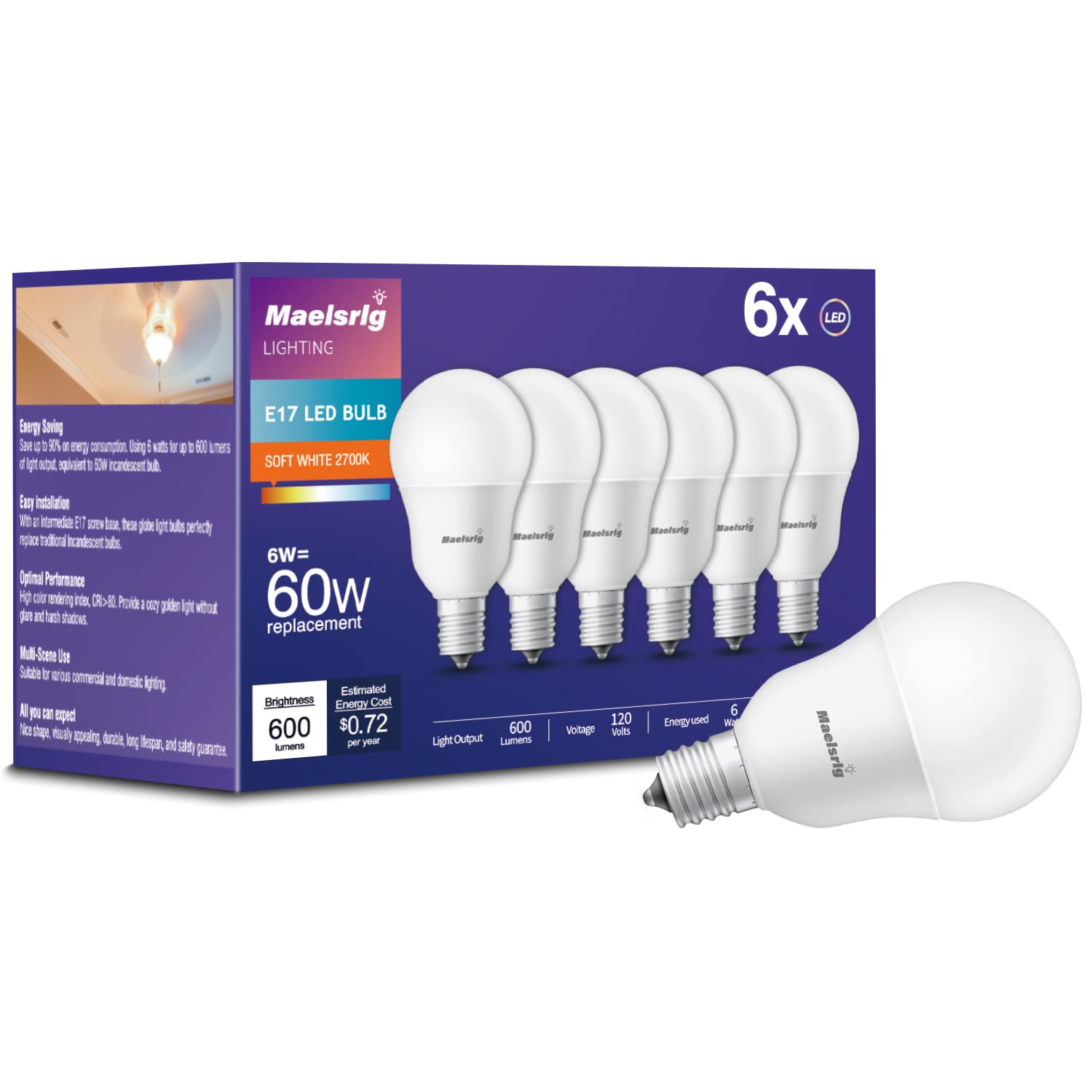 Maelsrlg E17 LED Bulb, 6W (60W Equivalent), Soft White 2700K, G14 Globe, 600 Lumens, Non-Dimmable, Pack of