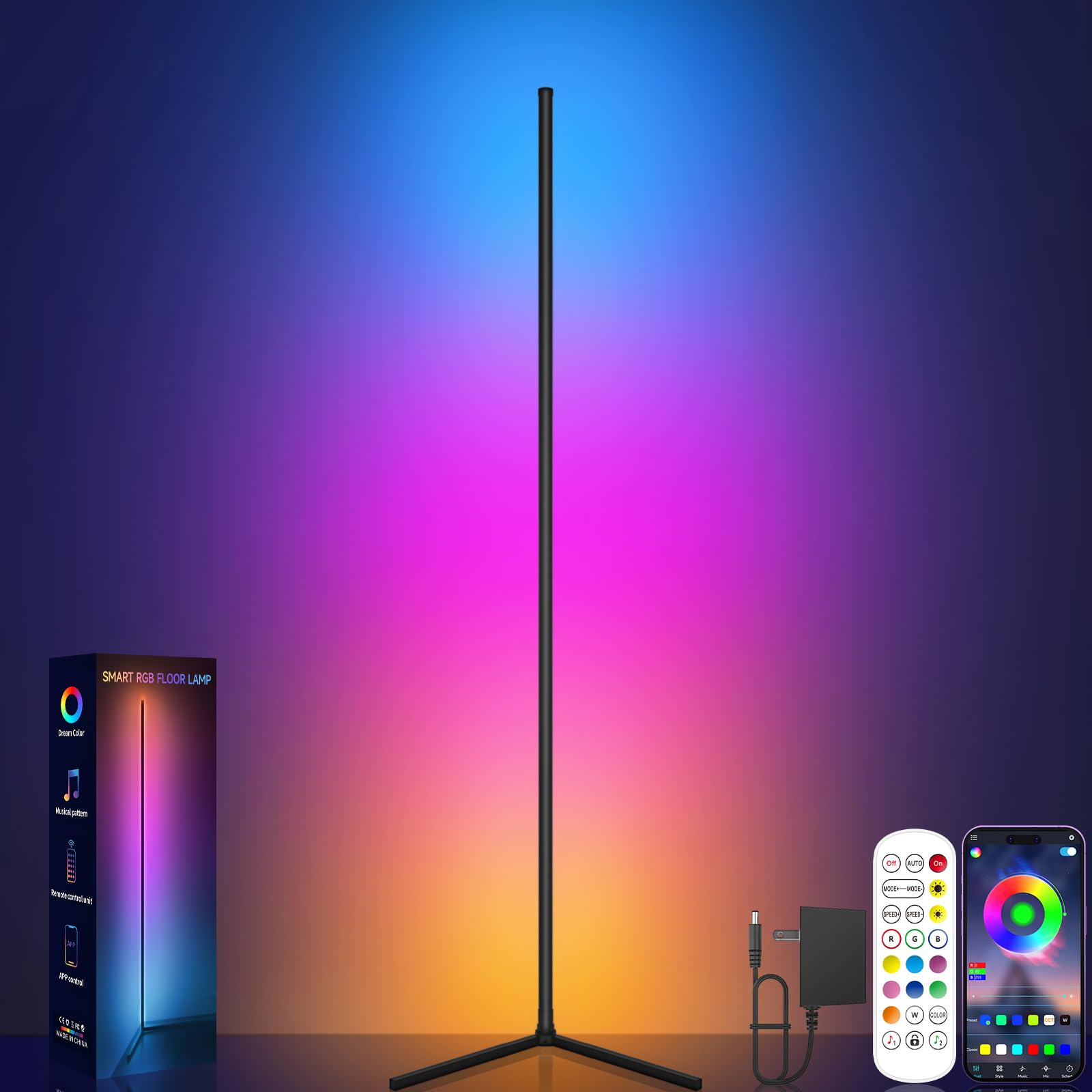 Tyute Corner Floor Lamp, RGB LED Corner Lamp with Music Sync, Smart App and Remote Control Color Changing Ambience Light, LED La