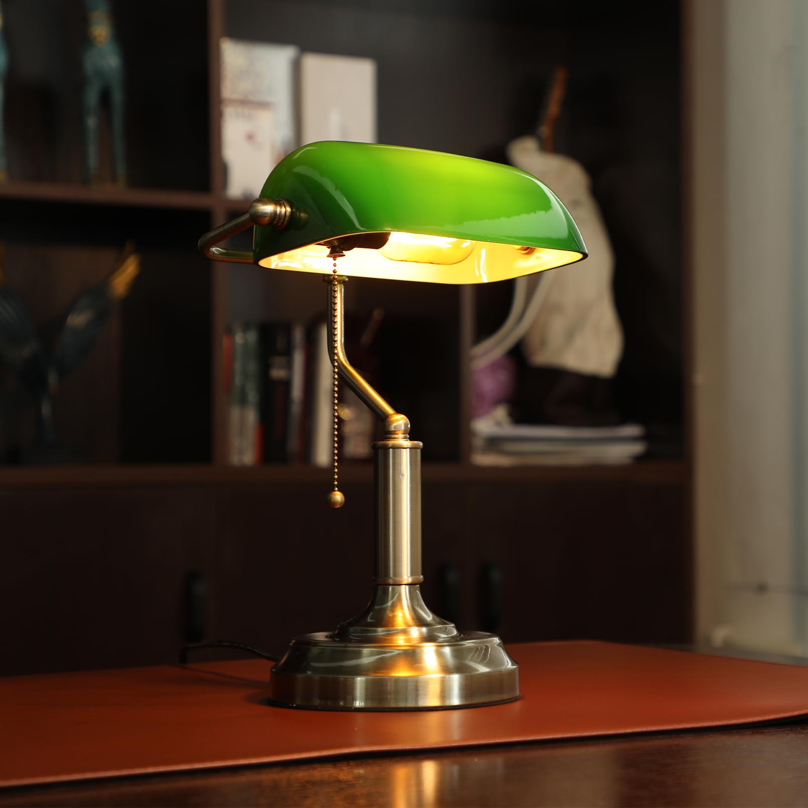 TORCHSTAR Green Glass Bankers Desk Lamp, Antique Brass Base, UL Listed, E26, 6 ft, Vintage Design for Office & Study Room