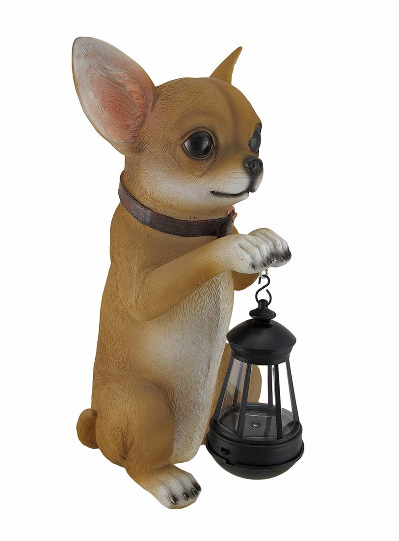 MAIKUNI Chihuahua Statue and Solar LED Lantern, Brown, Model HD41335, Polyresin