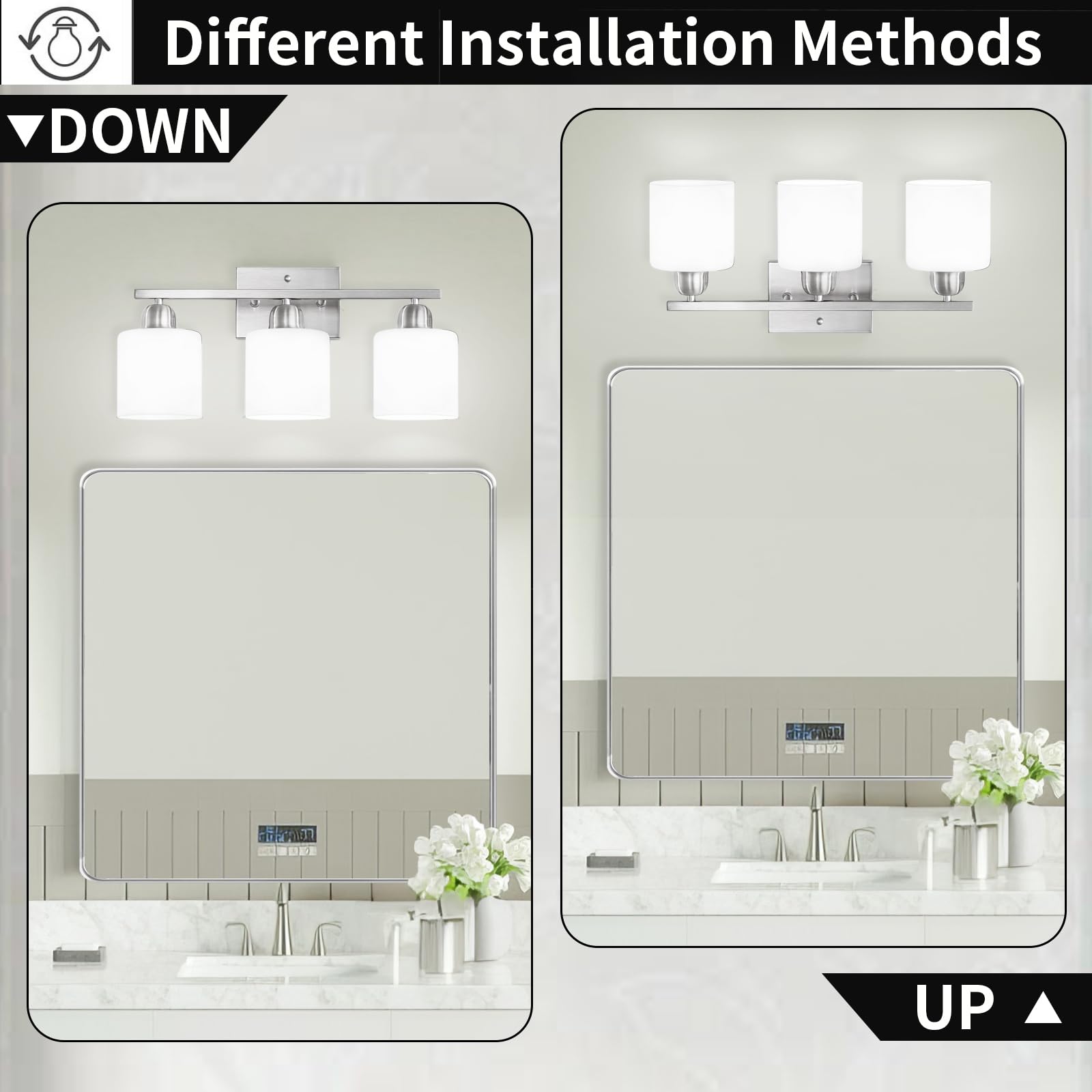 Faishilan 3-Light Brushed Nickel Vanity Light With Frosted Glass For Bathroom & Living Room
