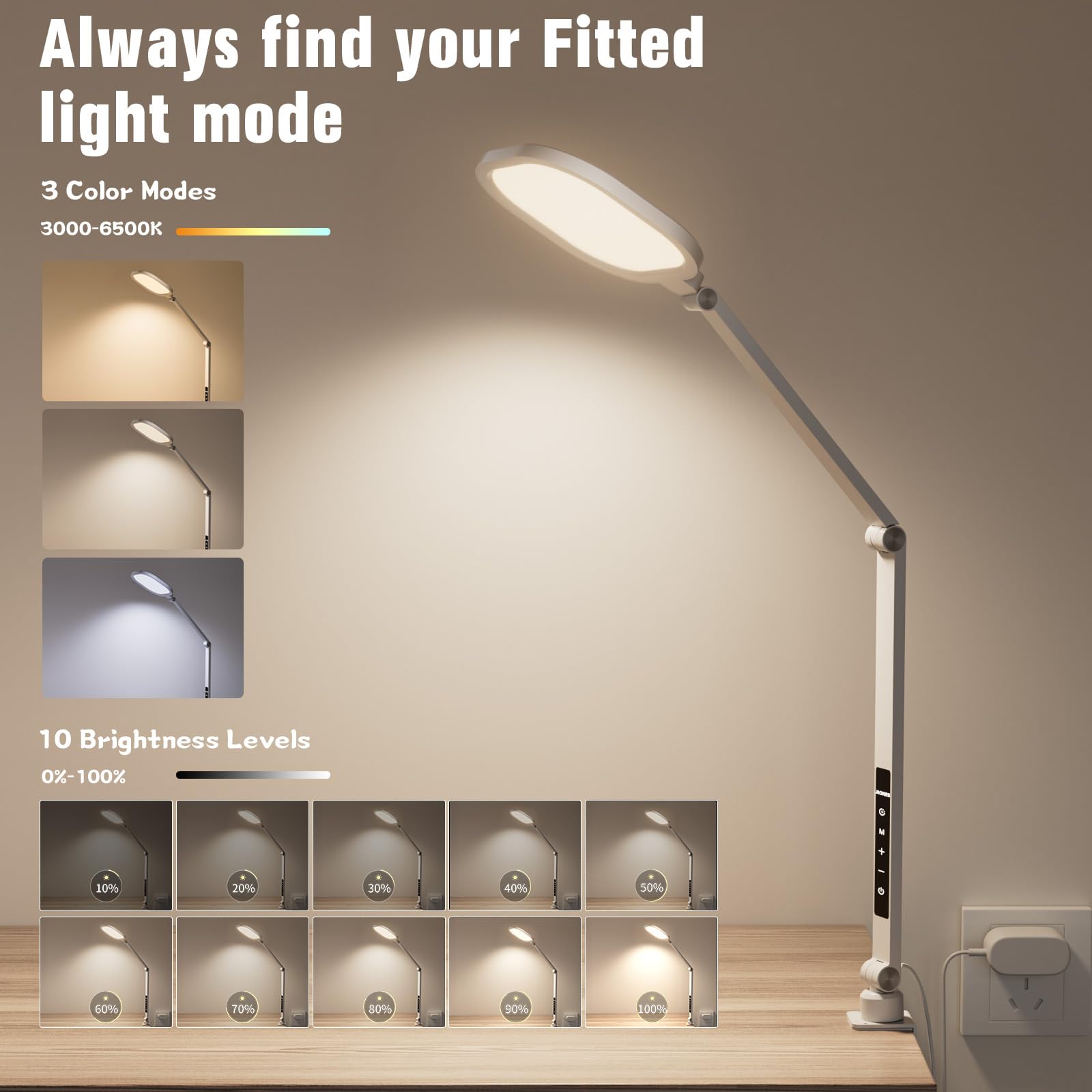 Led Desk Lamp For Home Office, 15W Desk Light With C- Clamp, Swing Arm, Memory & Timer Function, 1200Lm Dimmable Computer Light