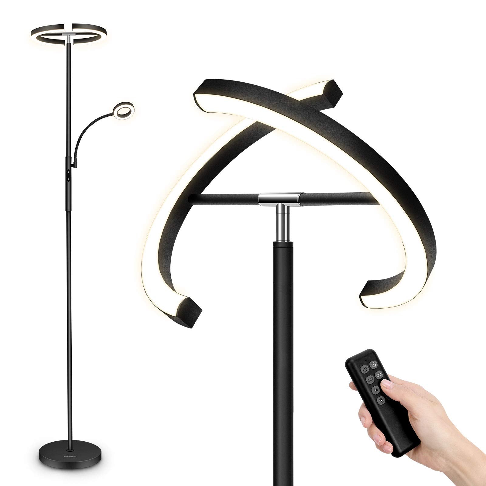 FIMEI Modern LED Floor Lamp, Rotatable Design, Eye-Protection Reading Light, 3000K-6000K, Black, Model MF18813
