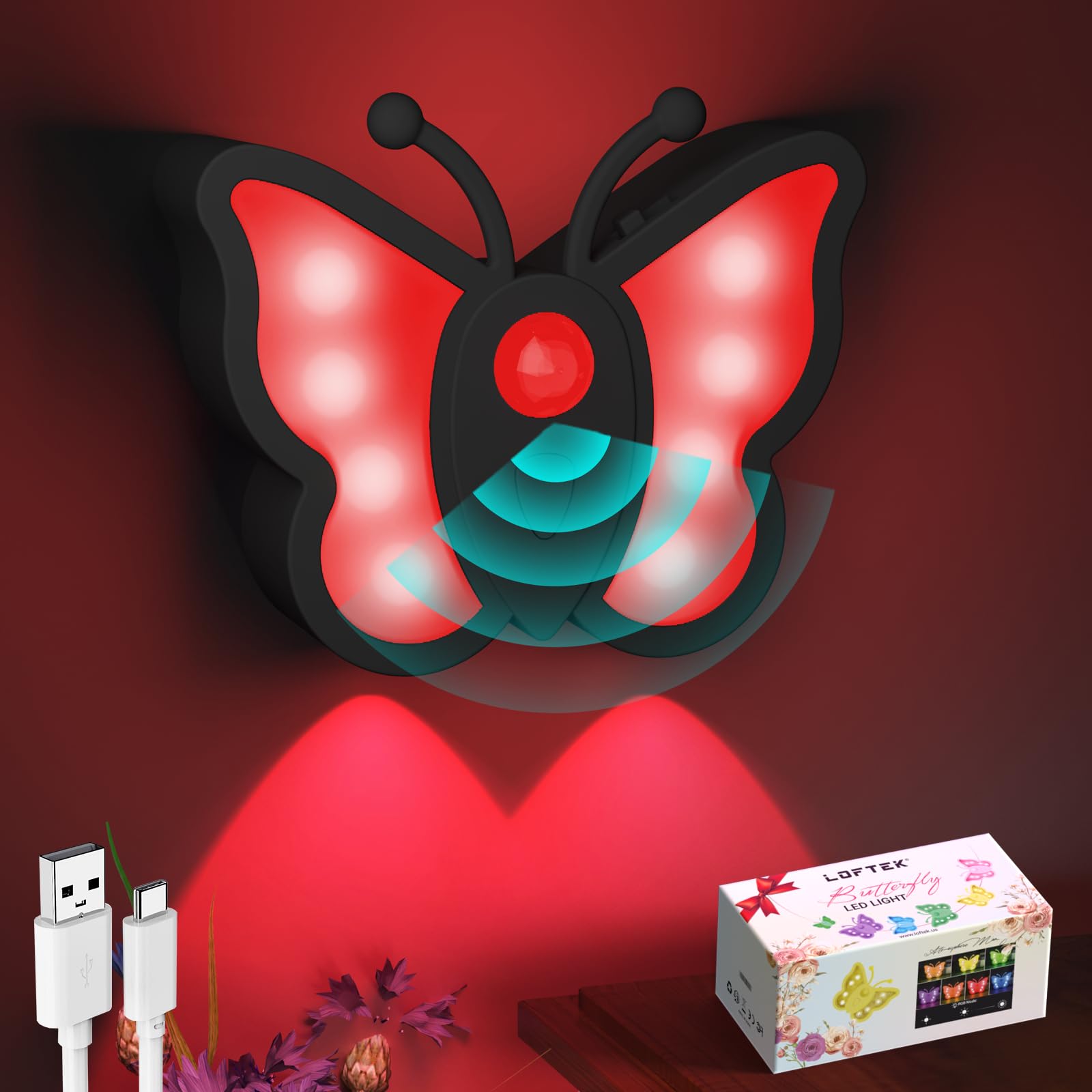 Loftek Rechargeable Motion Sensor Night Light, Dimmable, Portable, Black, 1 Pack, Acrylic, Butterfly Model