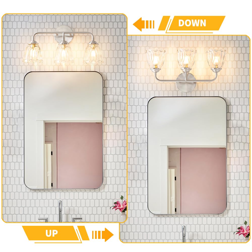Daunton Vintage 3-Light Vanity Lighting For Bathroom, Elegant Bathroom Vanity Light With Flower Glass Shade, Nickel Bathroom Lig