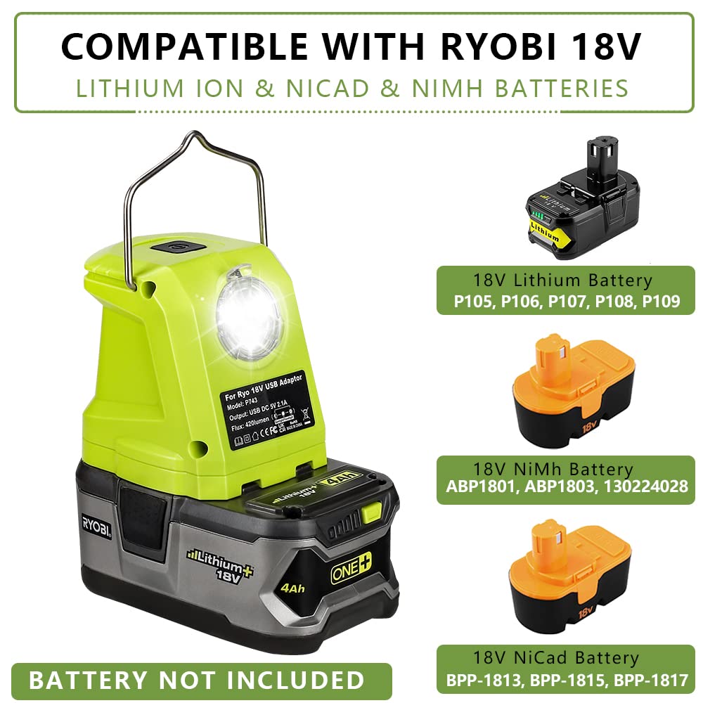 Portable Flashlight for Ryobi 18v Battery, 420lm LED Work Light with 2 USB Ports, 3 Light Modes and Foldable Hang Hook, Workligh