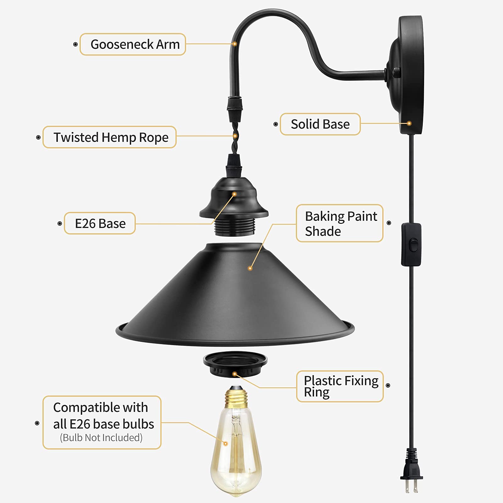 Yxth Vintage Plug-In Wall Sconces Set Of 2, Black Gooseneck Metal Lamp For Bedroom & Doorway