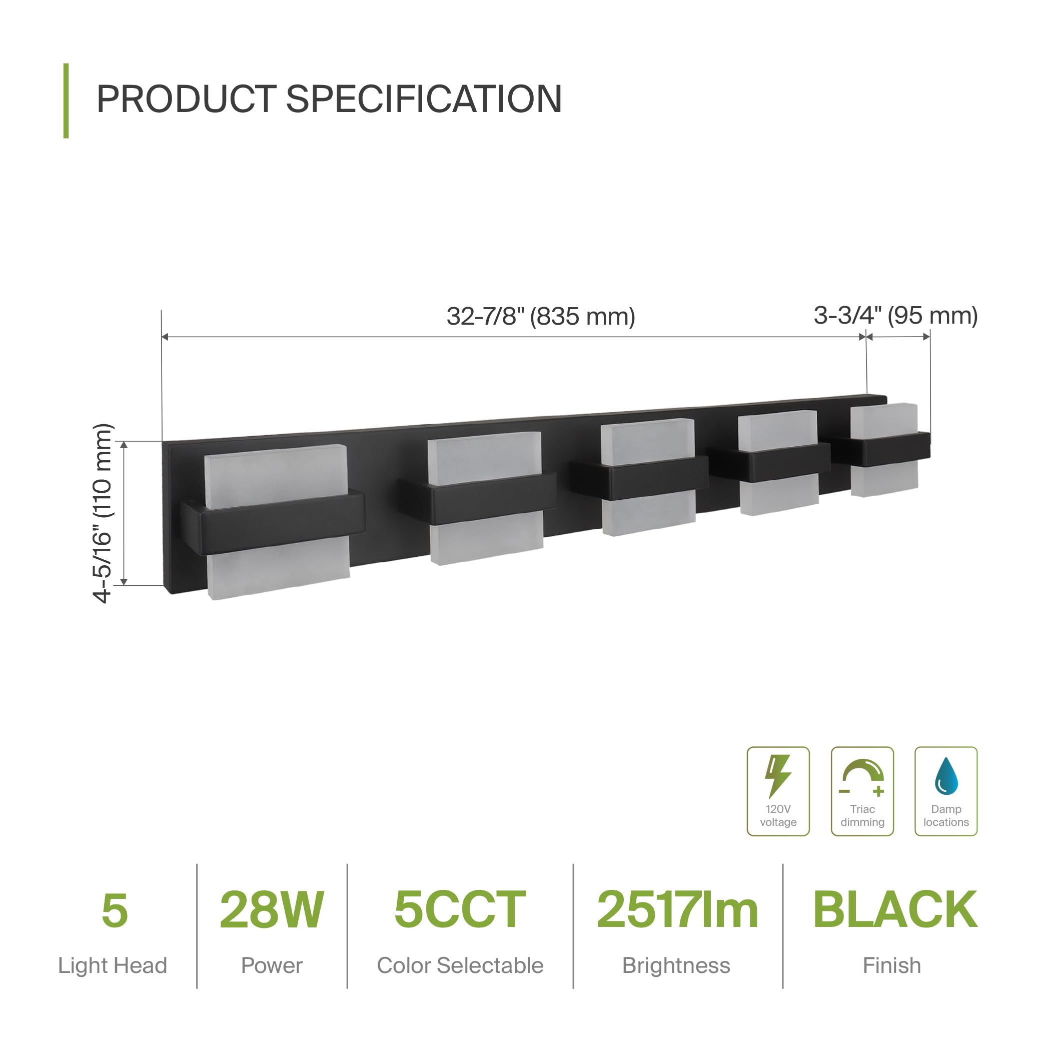 ASD 5-Light LED Bathroom Vanity Light Fixture, Dimmable, 2500LM, 2700-6000K, Black, 2-Pack, Model A-LVF26M-
