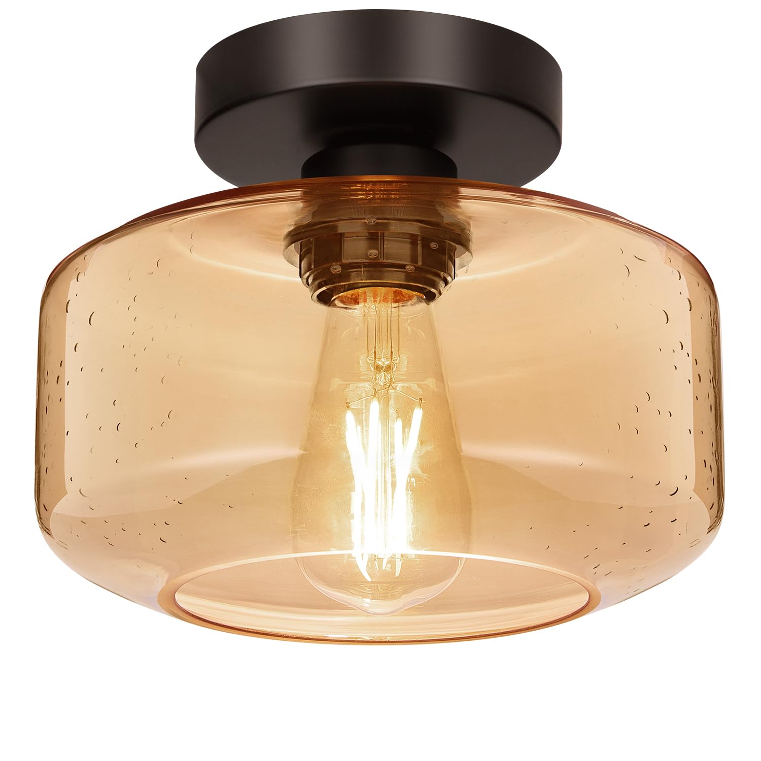 Lynnoland Industrial Semi Flush Mount Ceiling Light  Amber Seeded Glass Shade Ceiling Light Fixture  Light Fixture for Hallway Bathroom Bedroom  Vintage Hanging Light Fixtures