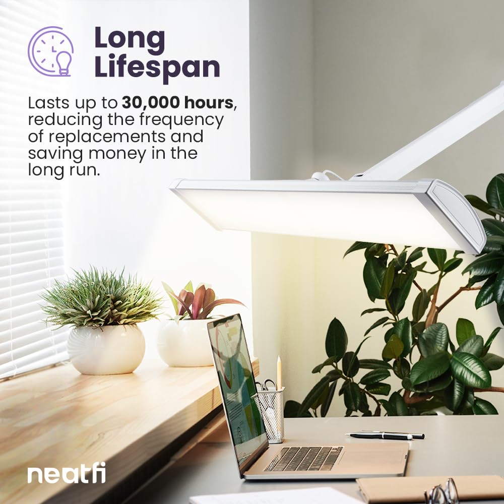 Neatfi LED Desk Lamp, 3500 Lumen, Dimmable, 3 Light Modes, 26 Inch Metal Shade, White