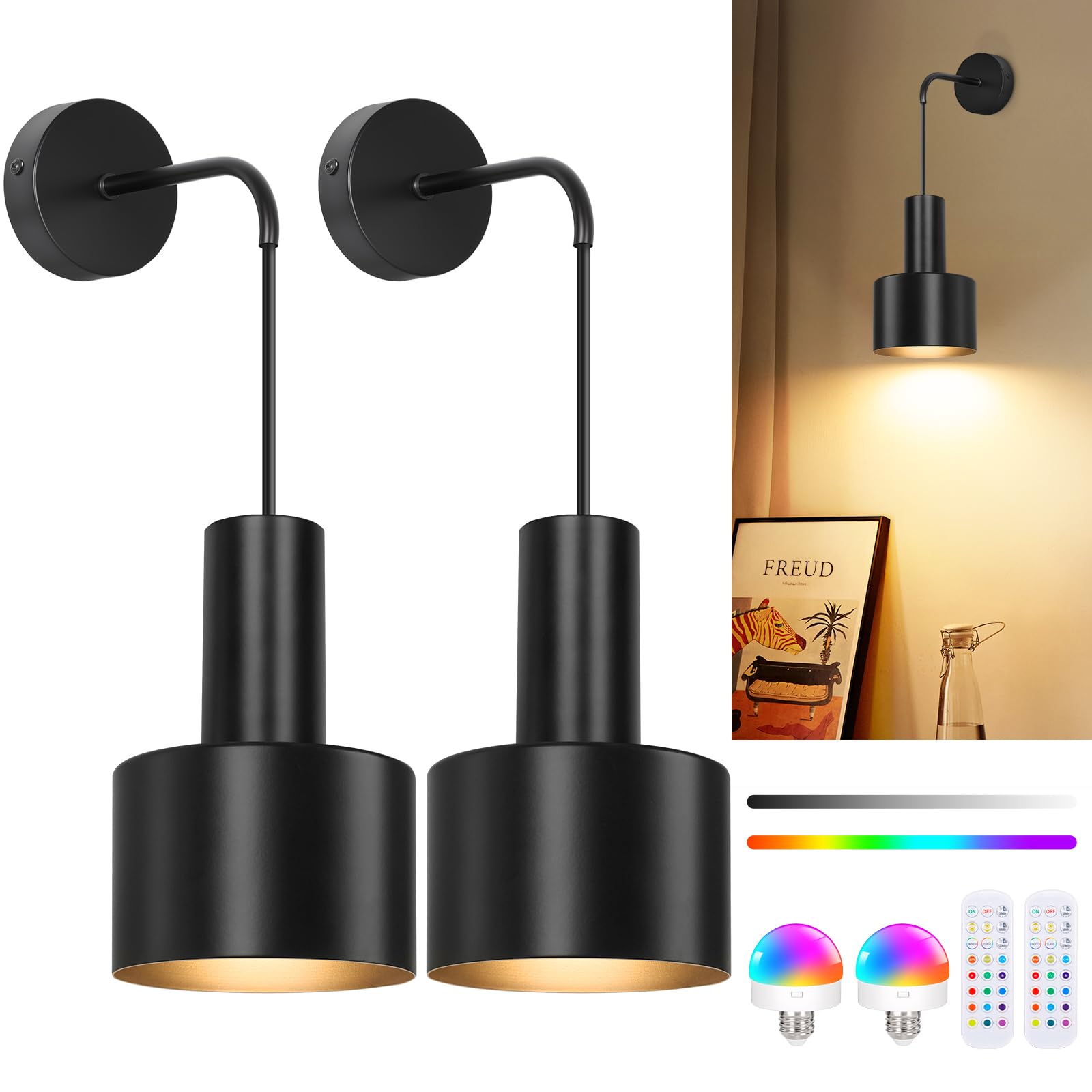 VerRon Rechargeable Battery Operated Wall Sconce Set of Two, Black Wireless Battery Powered Lights with Dimmable Detachable Bulb