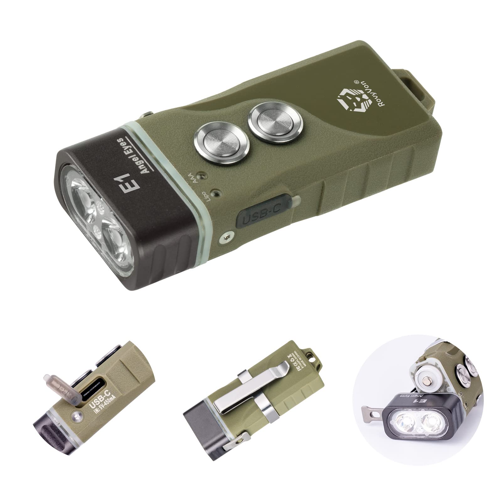 RovyVon E1 Hybrid Battery EDC Flashlight, Max 700 Lumen with Dual LED 6500K Cool White, Pocket Size USB-C Rechargeable Keychain 