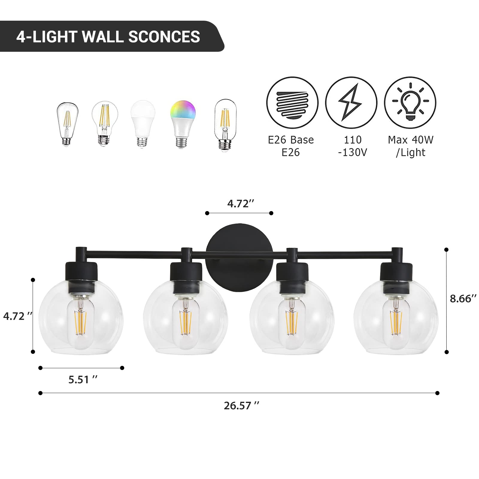 Diniluse Bathroom Light Fixtures 4 Lights Vanity Light With Black Round Finish, Bathroom Vanity Lights With Clear Globe Glass, Matted Black Wall Sconce For Mirror, Bedroom, Living Room, Kitchen