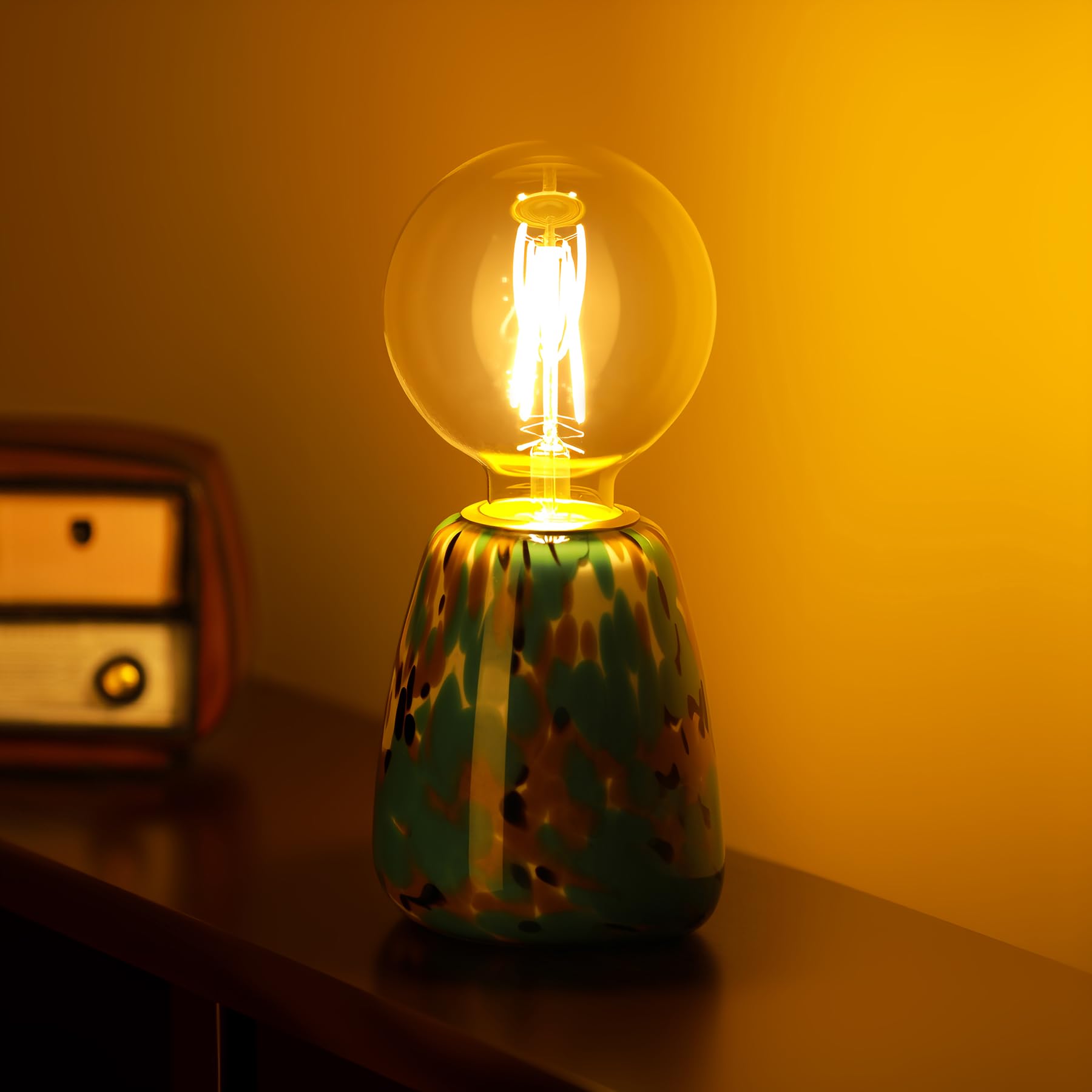 SYLW Mini Modern Glass Bedside Table Lamp  4 x 4 x 9 Inch Nightstand Lamps  with Spherical Bulb Round Side Table Lamps for Bedroom Living Room Entryway Night Light (Emerald Brown Green Glass Base)