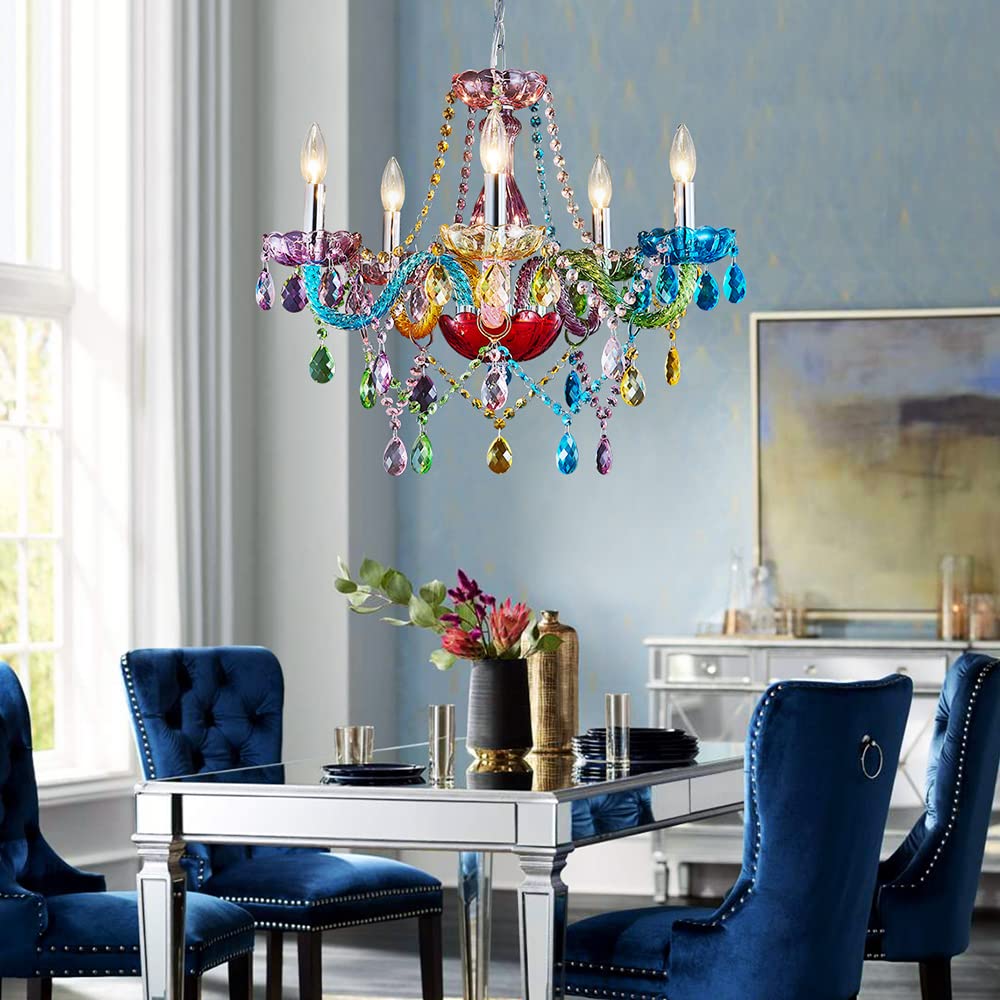 SM Saint Mossi Modern K9 Crystal Chandelier, 5-Light Pendant Fixture, Multi-Color, Adjustable Chain, H19 x W19, Model SM-DY-19084
