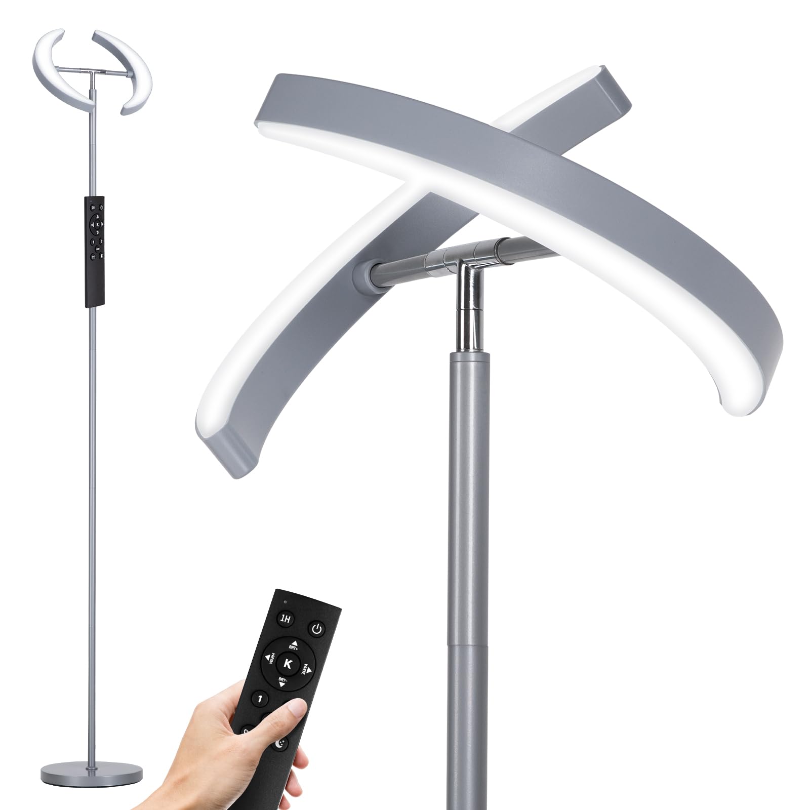 SUNMORY Floor Lamp with Remote Control, 28W LED, 74in Tall, Gray, Iron, Model FLD-032-XO, Dimmable, Modern for Living Room, Bedroom