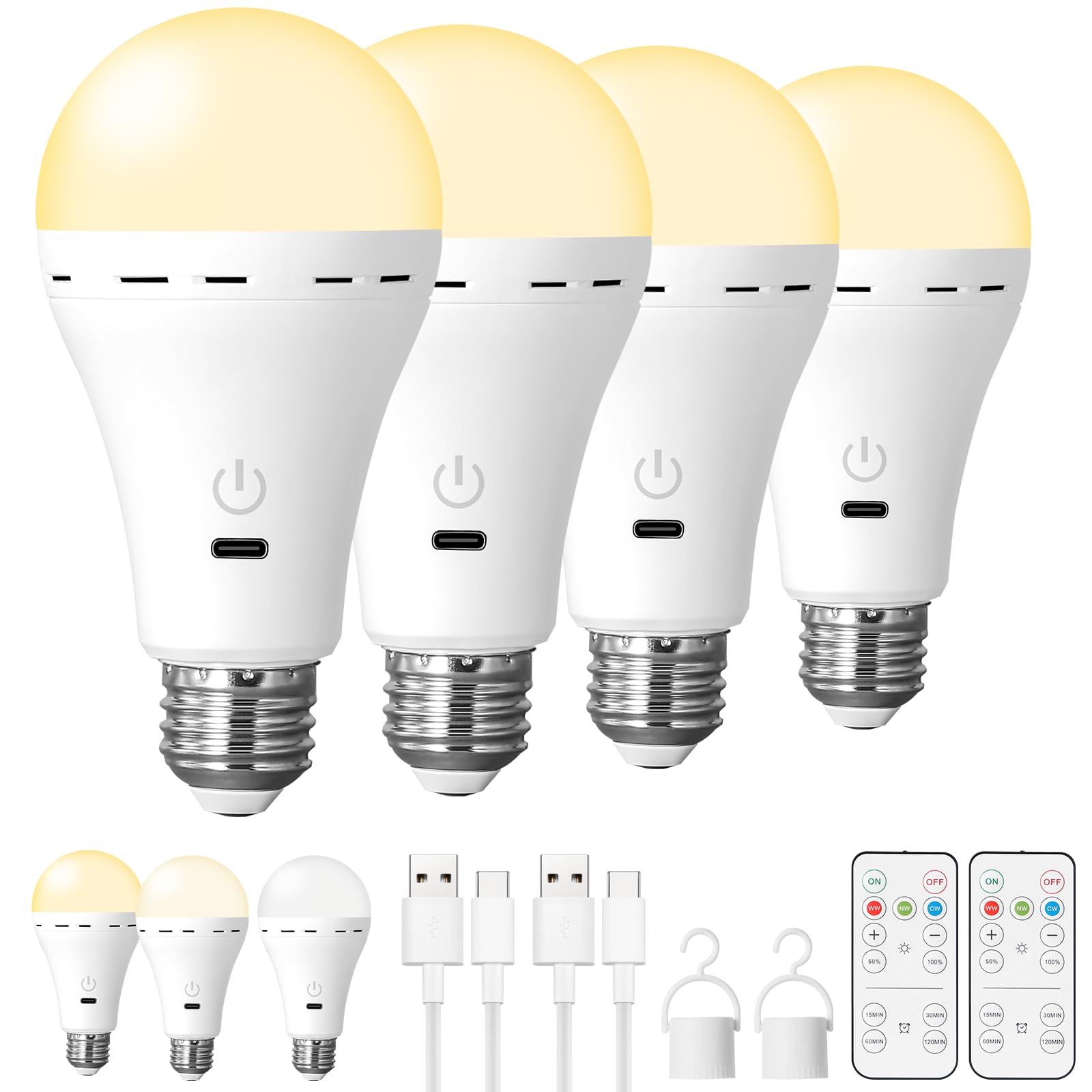 Hojoyri 4Packs Magic Rechargeable Light Bulbs With Remote Control, E26 Cordless Battery Operated Light Bulb For Lamps, Wireless 