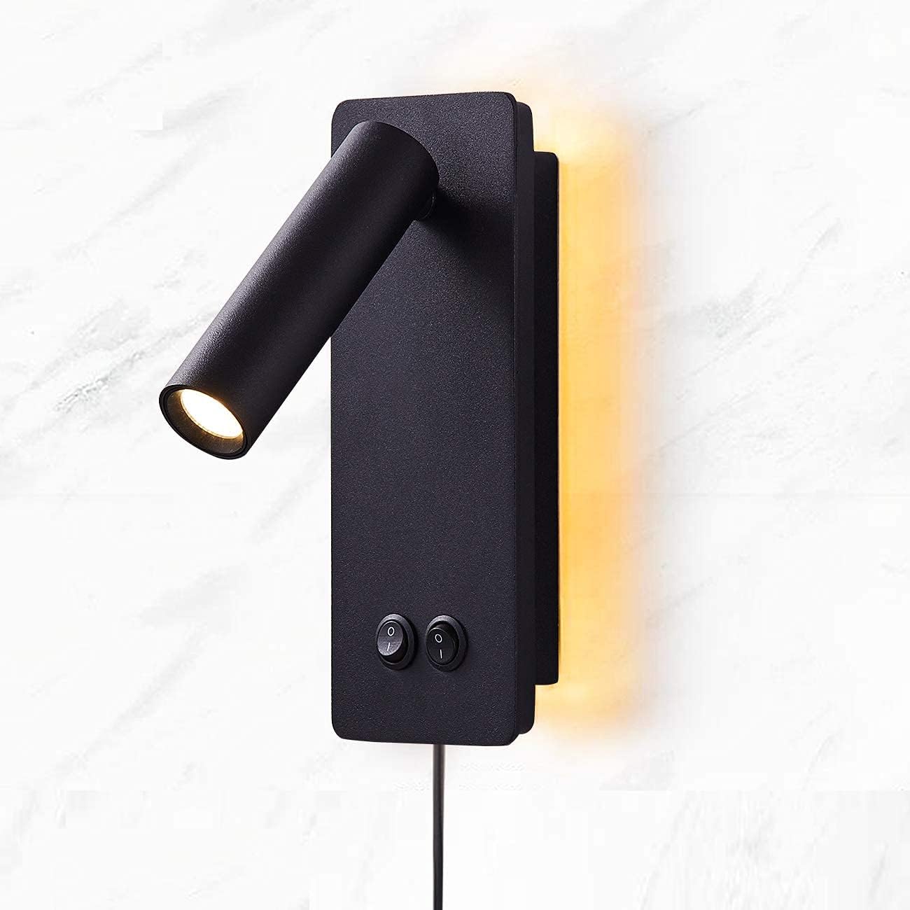 Moluola Lighting Led Wall Sconce, Adjustable Backlight Night Lamp, Black, 3W+12W, Bedroom Reading
