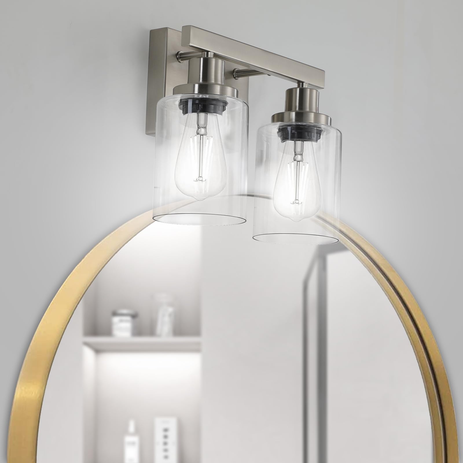DIKAIDA Bathroom Vanity Light 2-Light Nickel Modern Metal Sconce with Clear Glass Shade NS-2