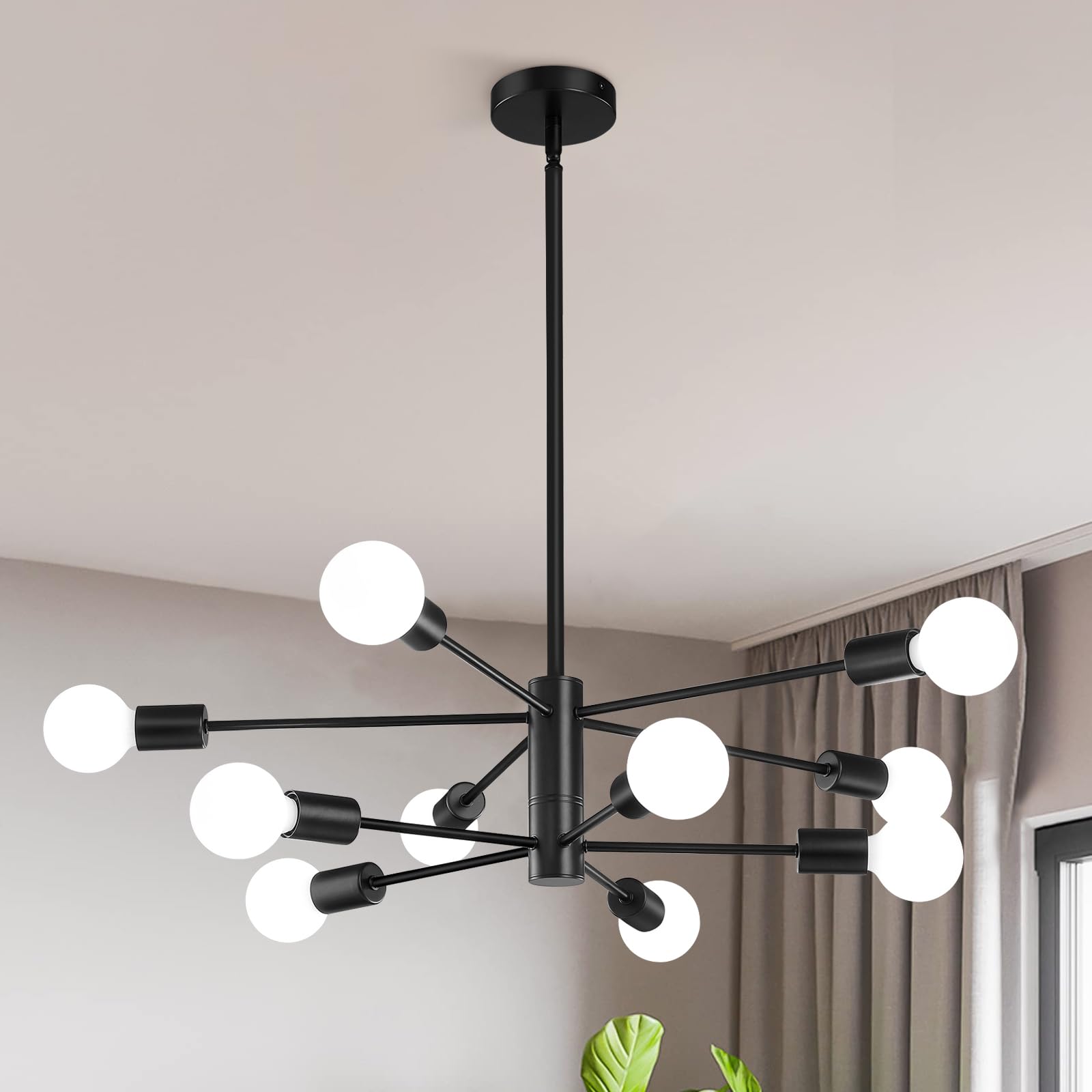 KAISITE Modern Chandelier Ceiling Light Fixture Sputnik Chandelier 10-Light Black Chandelier for Dining Room Over Table Height A