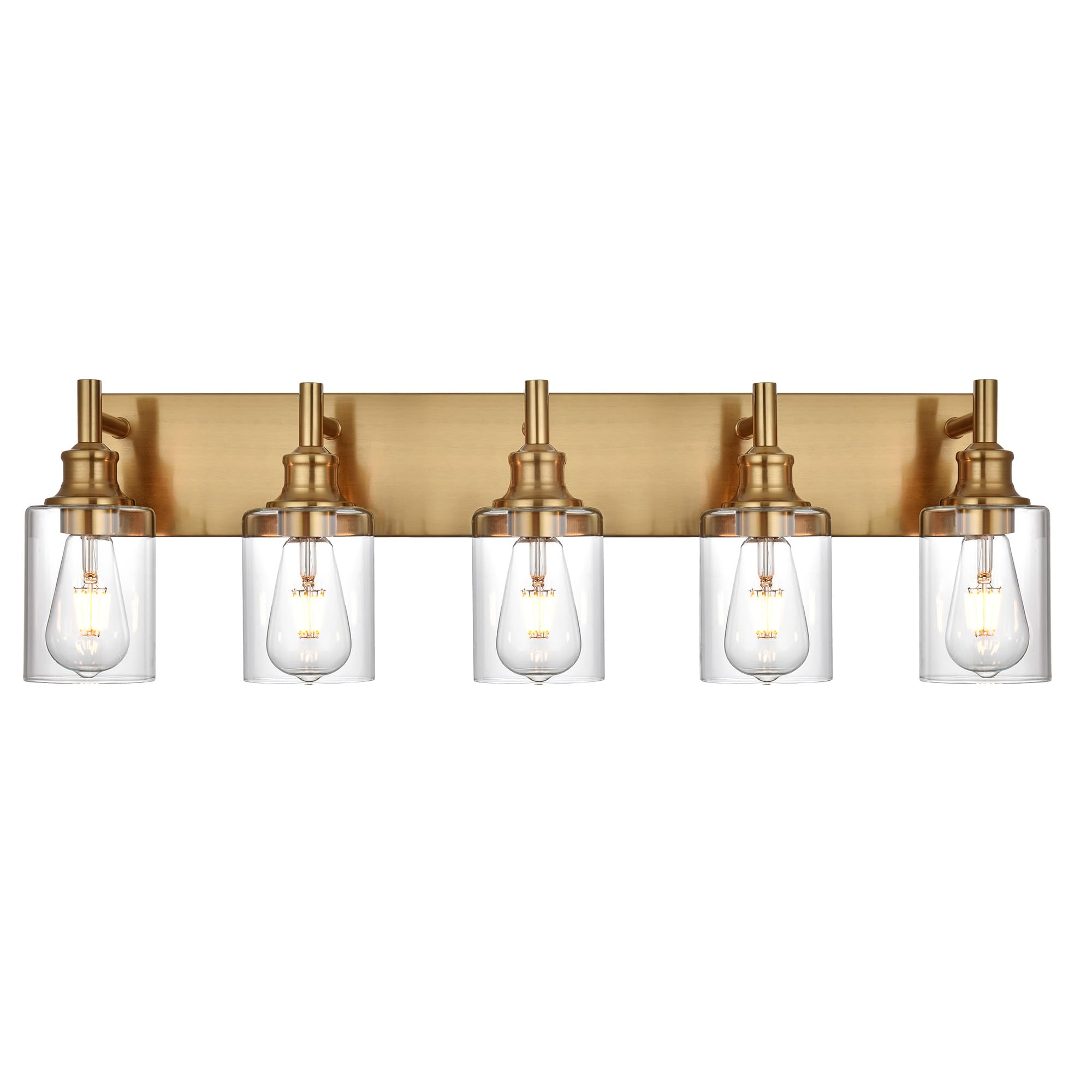 Wanluce 5 Light Vintage Brushed Brass Bathroom Vanity Light Fixtures Over Mirror With Clear Glass Shades, Farmhouse Wall Sconces
