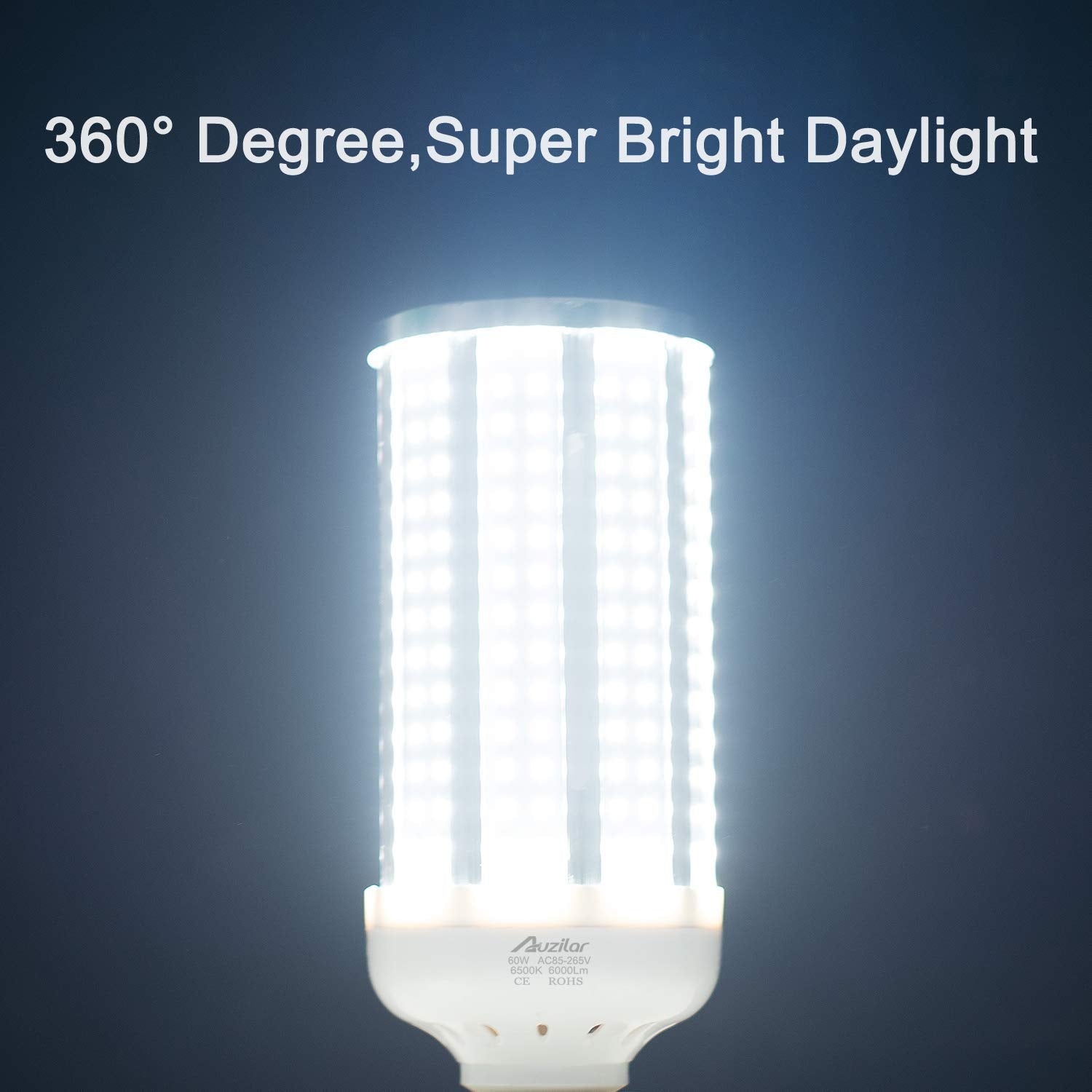 Auzilar 60W LED Corn Light Bulb, 6000Lm, 6500K Cool White, E39 Base, Metal, 1 Count